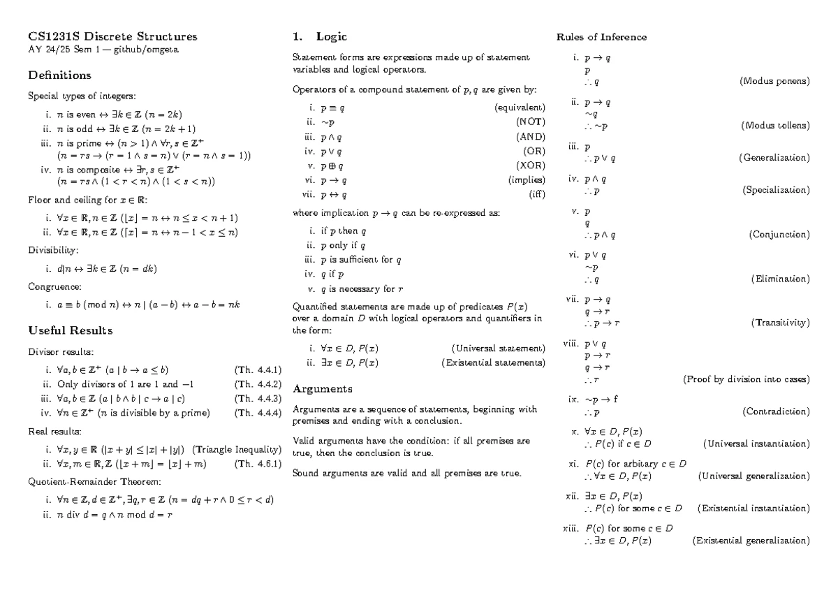 CS1231S Discrete Structures Cheatsheet for AY 24/25 Sem 1 - Studocu