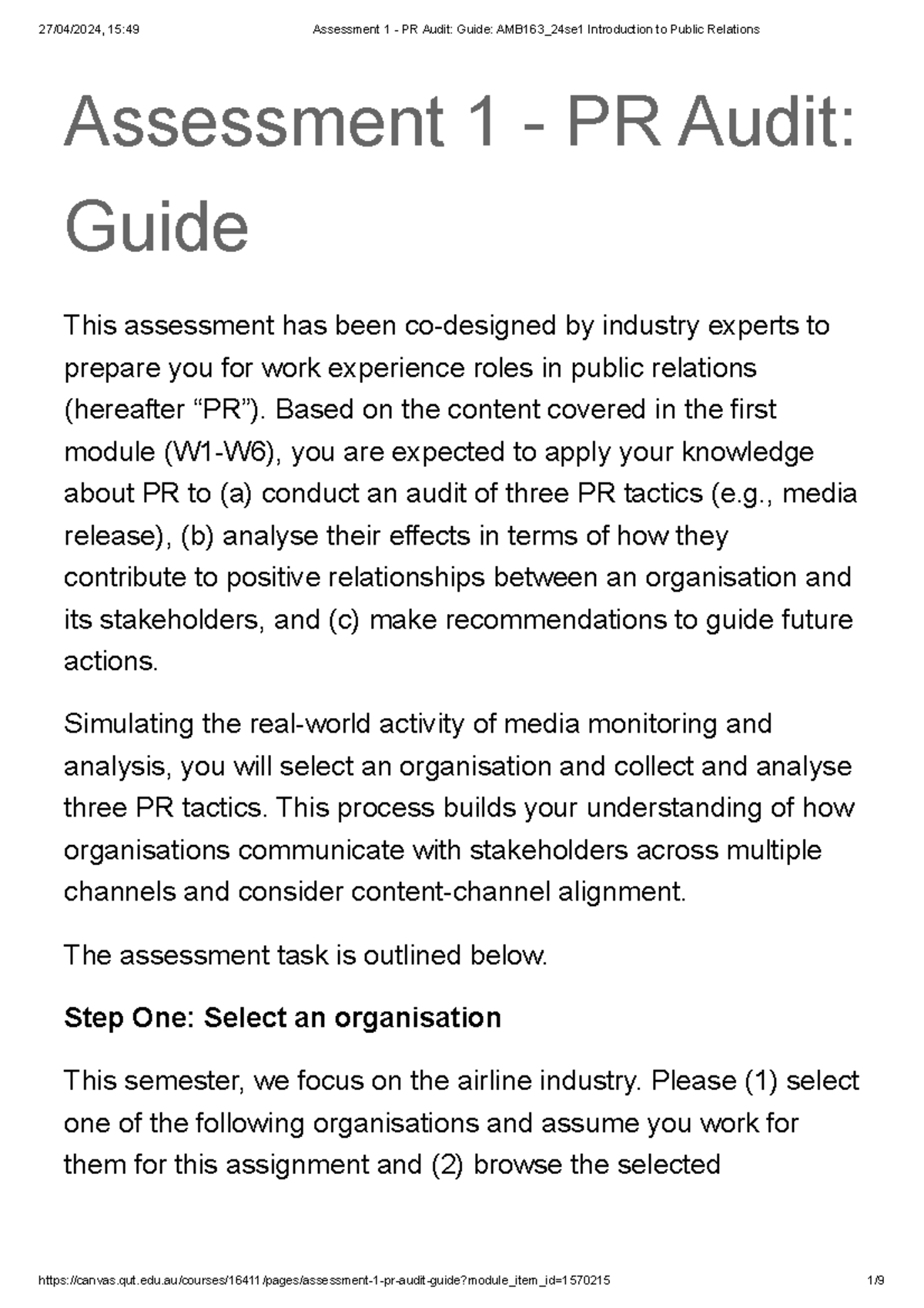 PR Audit Guide for AMB163 Assessment 1: Tactics & Analysis - Studocu