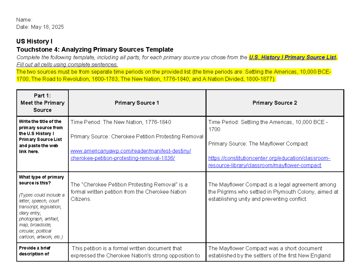 US History I Touchstone 4: Analyzing Primary Sources Template - Studocu