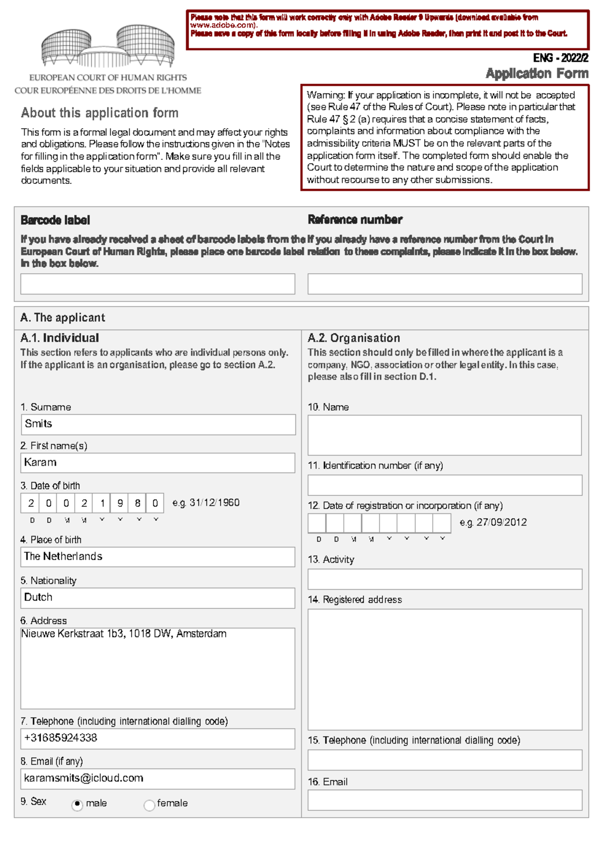 European Court of Human Rights Application Form Submission - Studeersnel