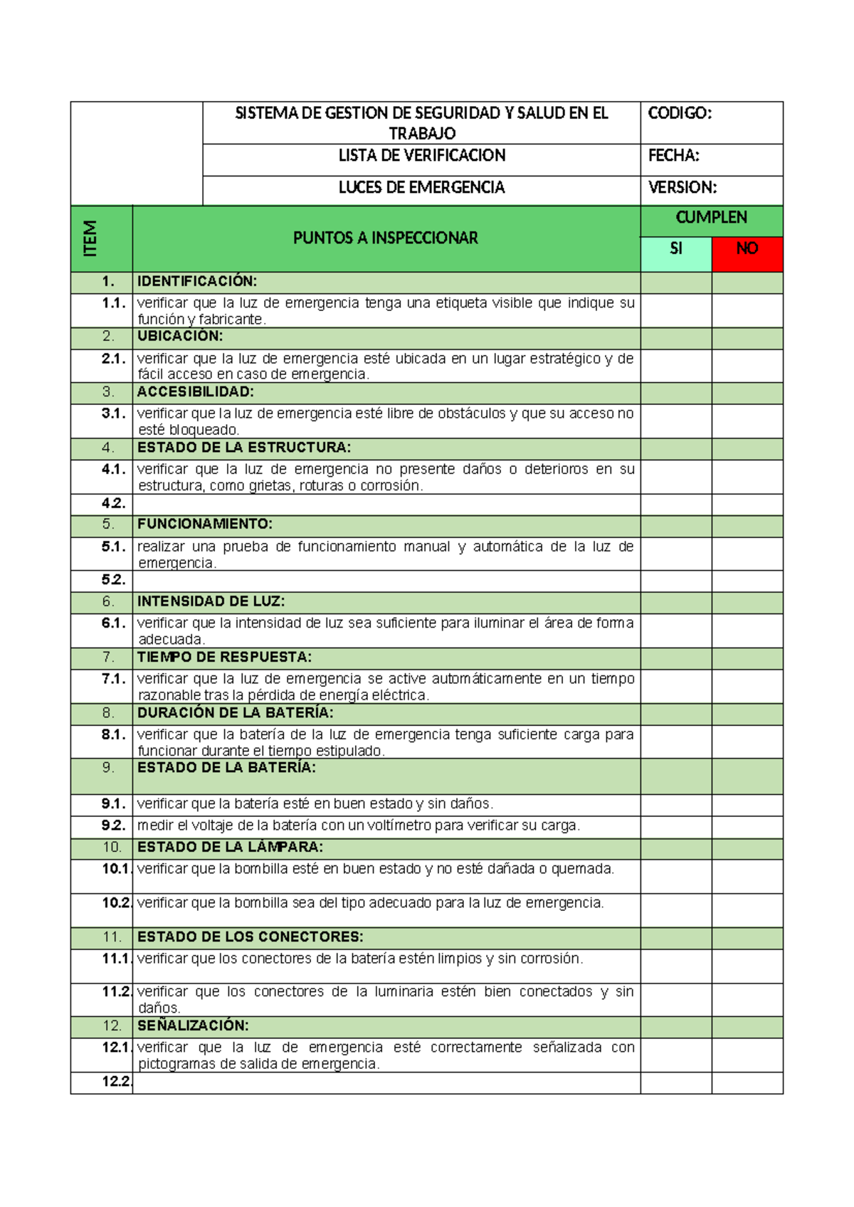 Lista de Verificación: Luces de Emergencia Clínica - Seguridad y Salud - Document Preview