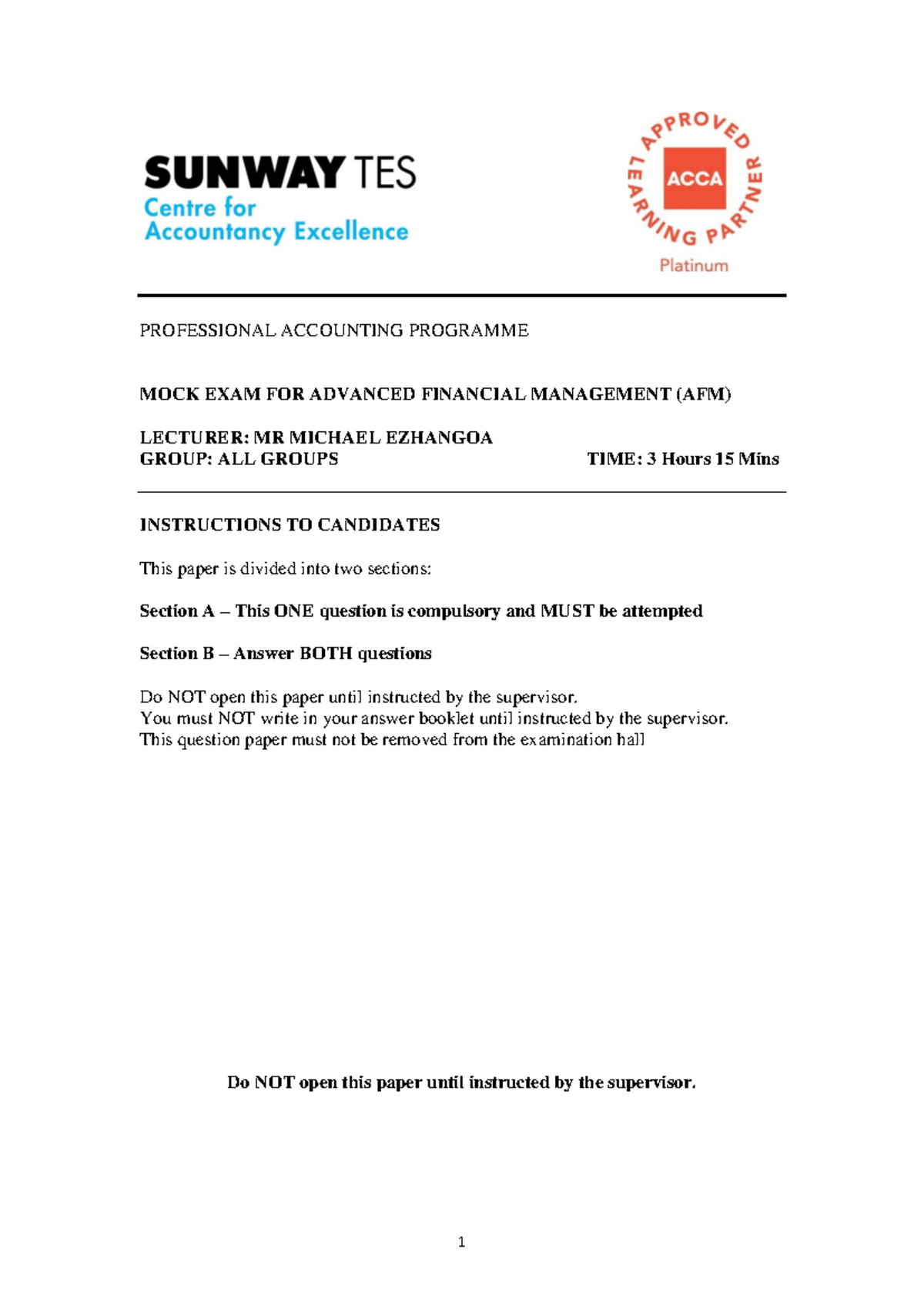 Mock Exam AFM: Advanced Financial Management Questions & Analysis - Studocu