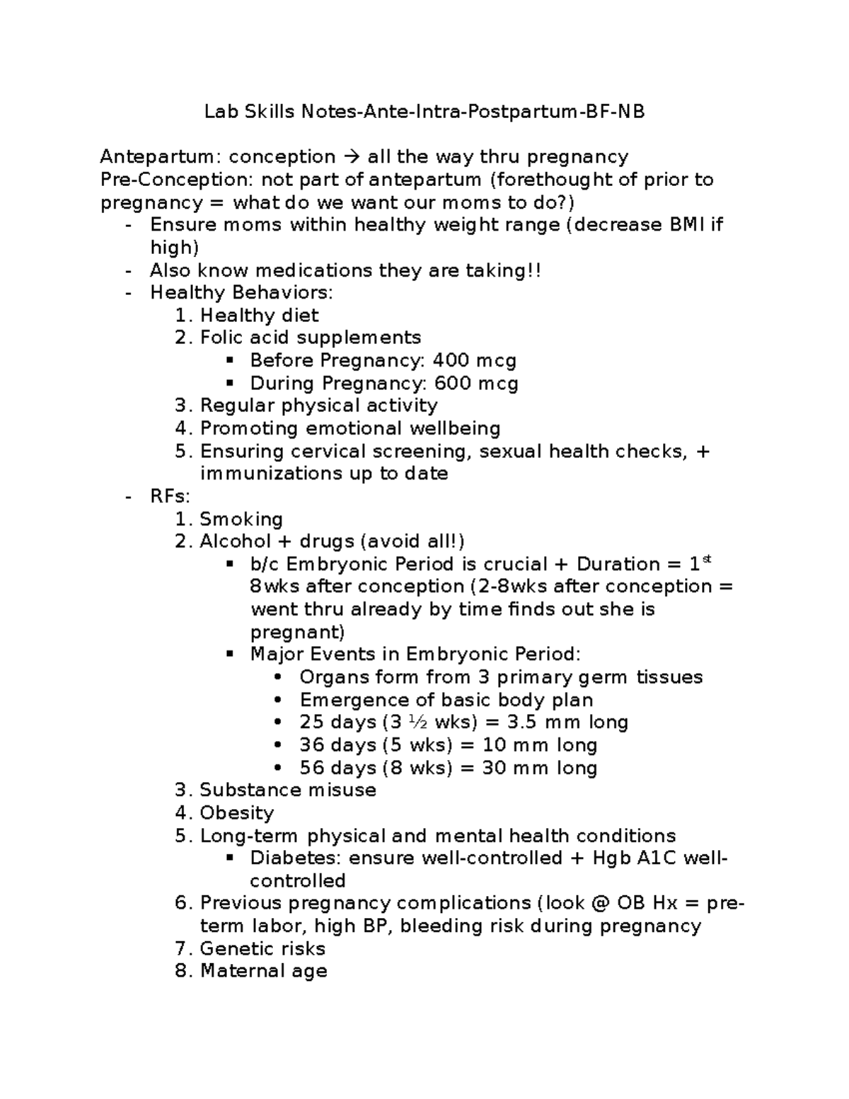 Lab Skills Notes: Antepartum, Intrapartum, Postpartum Care - BF-NB ...