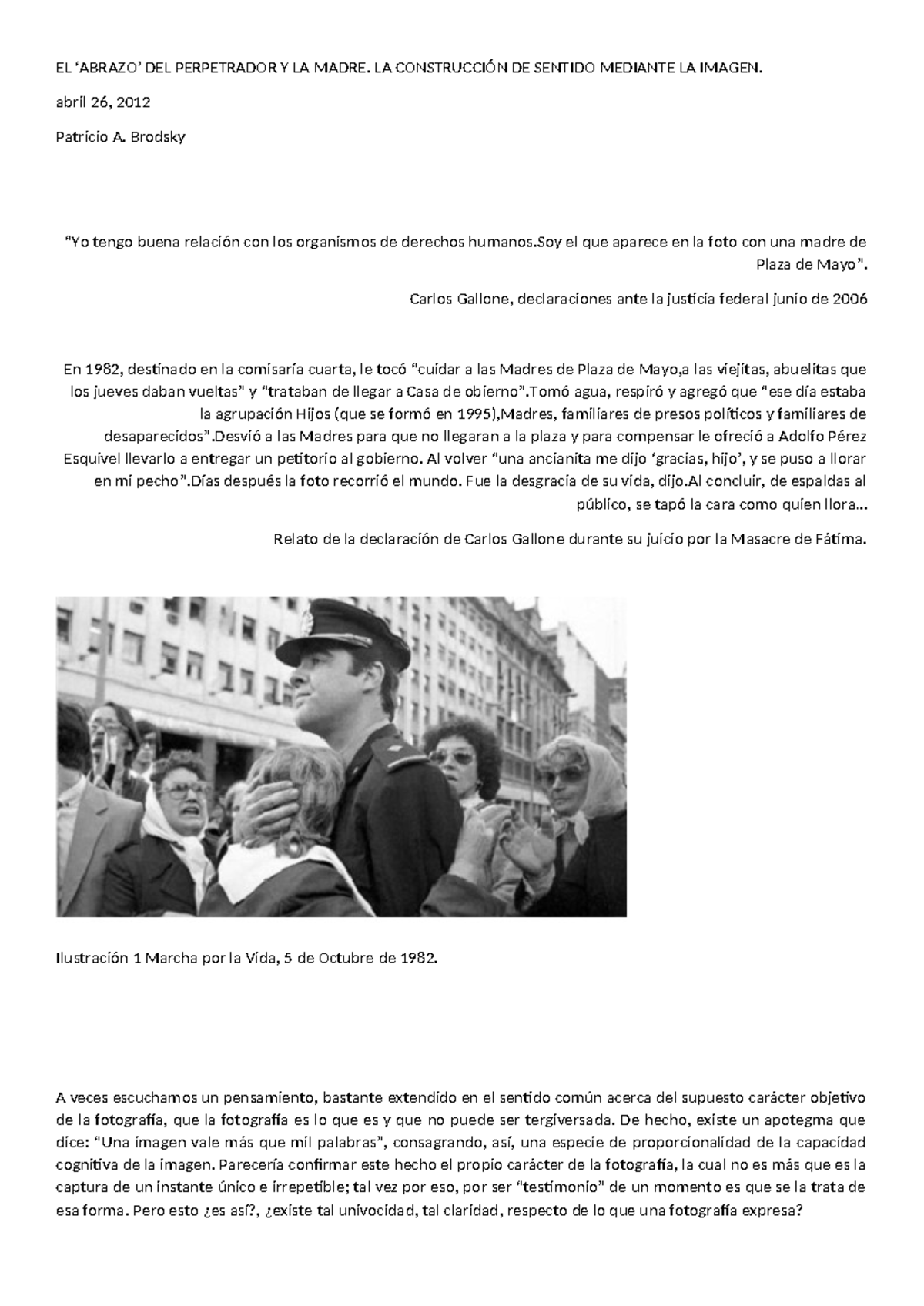 Brodsky: El Abrazo del Perpetrador y la Madre en la Fotografía - Studocu