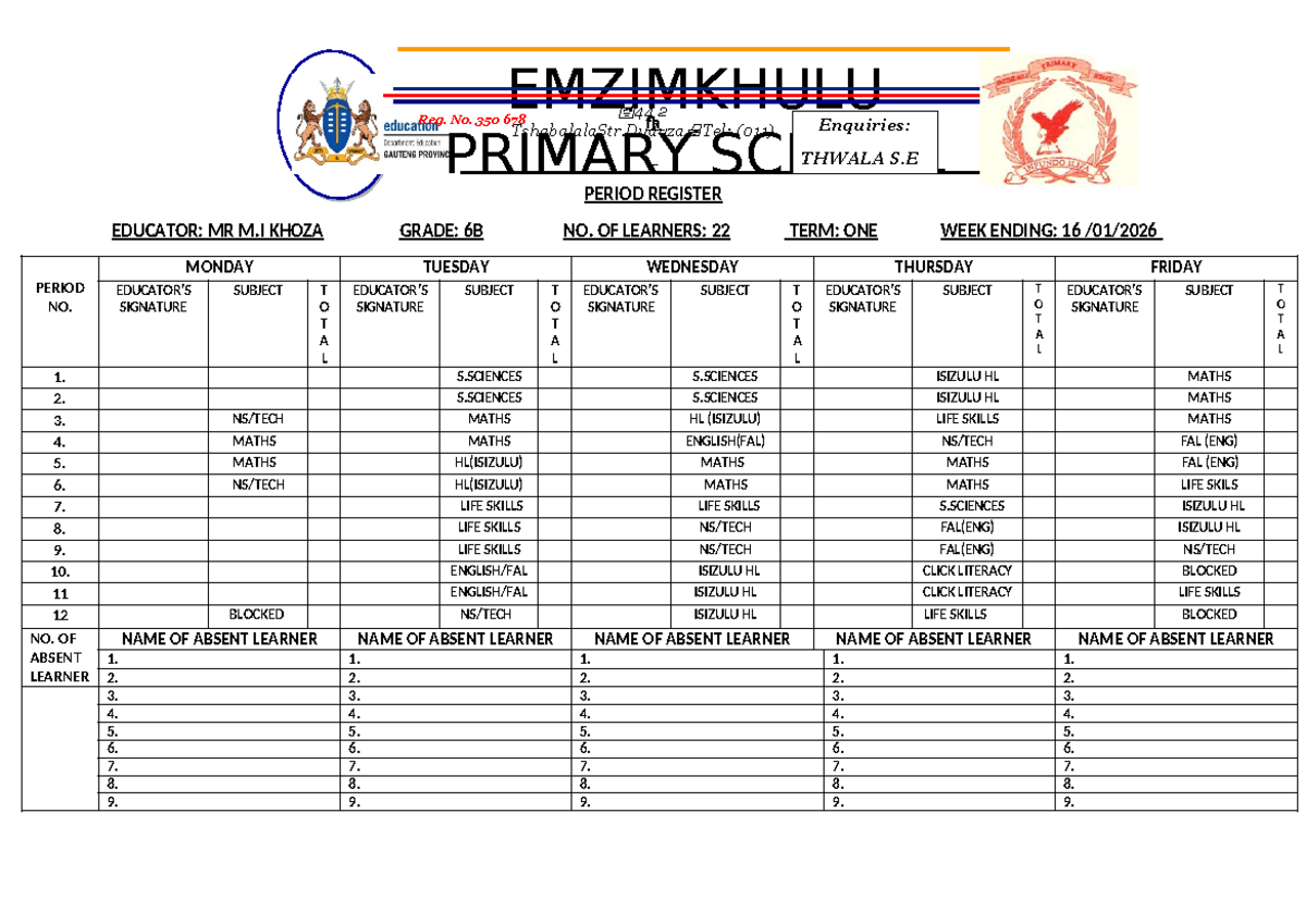 EMZIMKHULU PRIMARY SCHOOL 2 (011) GRADE 6B PERIOD REGISTER - Studocu