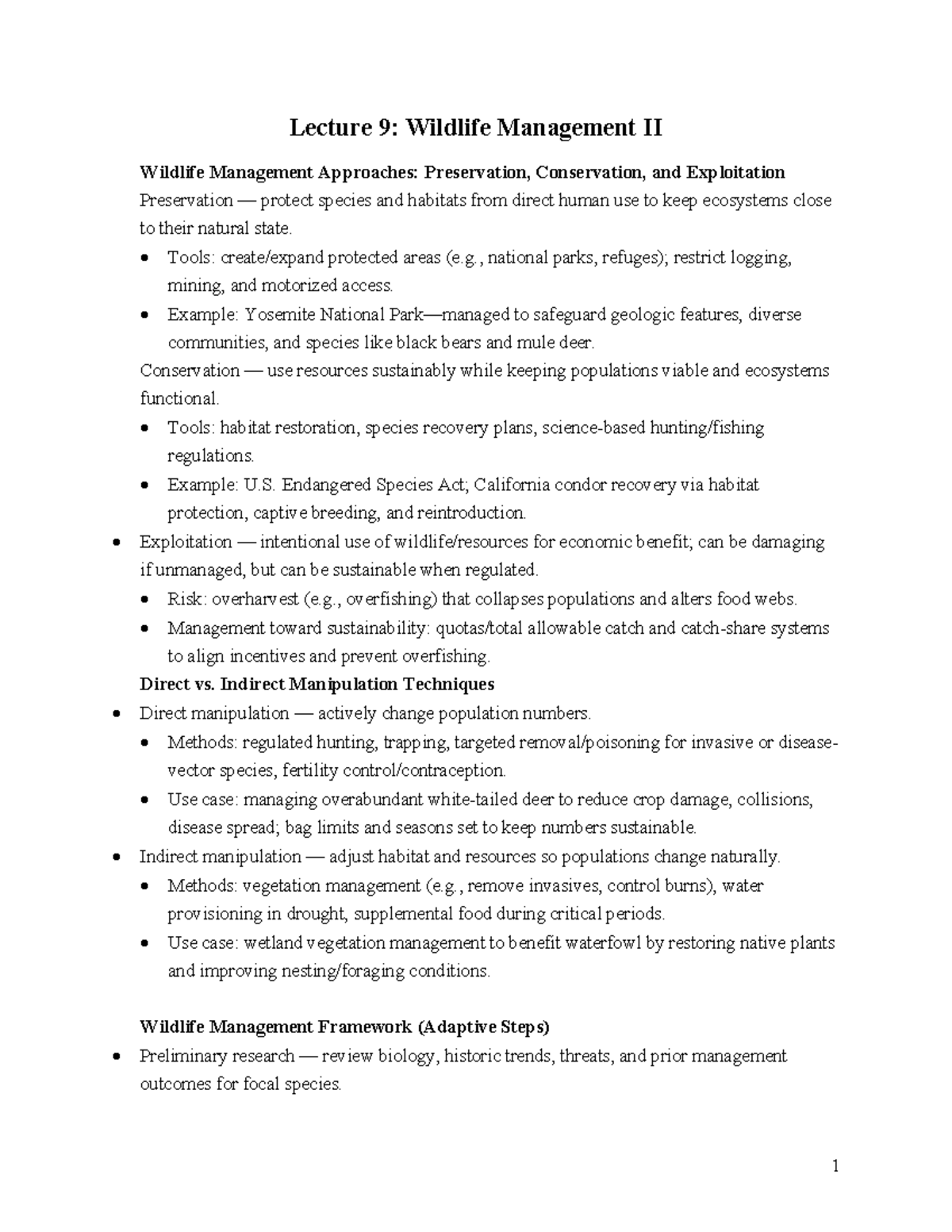 Wildlife Management II: Strategies for Population & Habitat ...