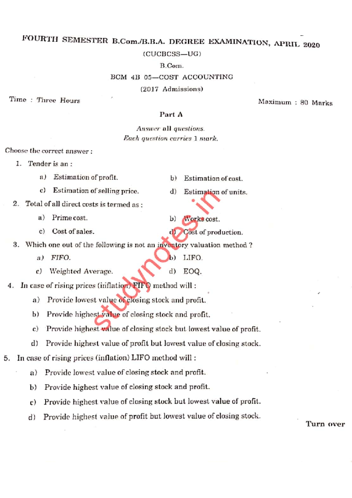 B.Com. BCM 4B Cost Accounting Final Exam Question Paper April 2020 ...