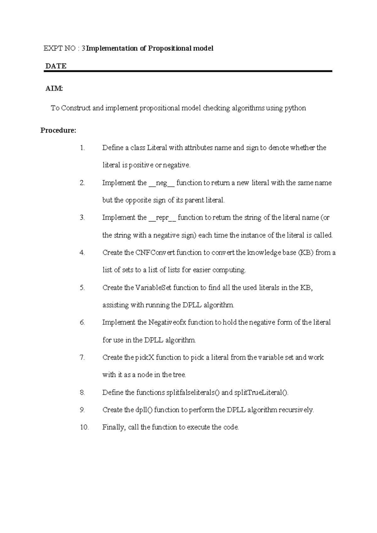 EXPT NO: 3 - Implementation of Propositional Model Checking Algorithm ...