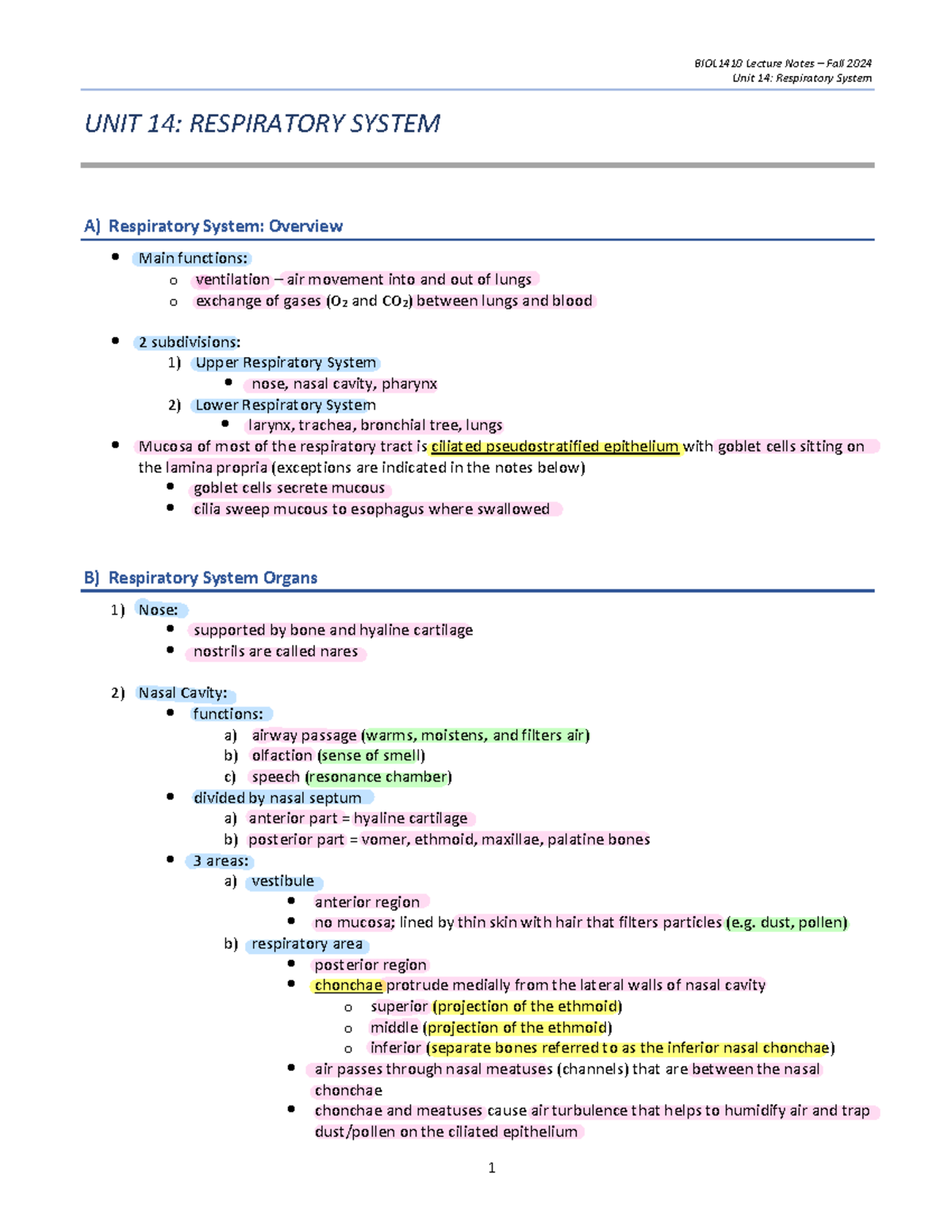 BIOL1410 Lecture Notes Fall 2024: Unit 14 - Respiratory System Overview ...