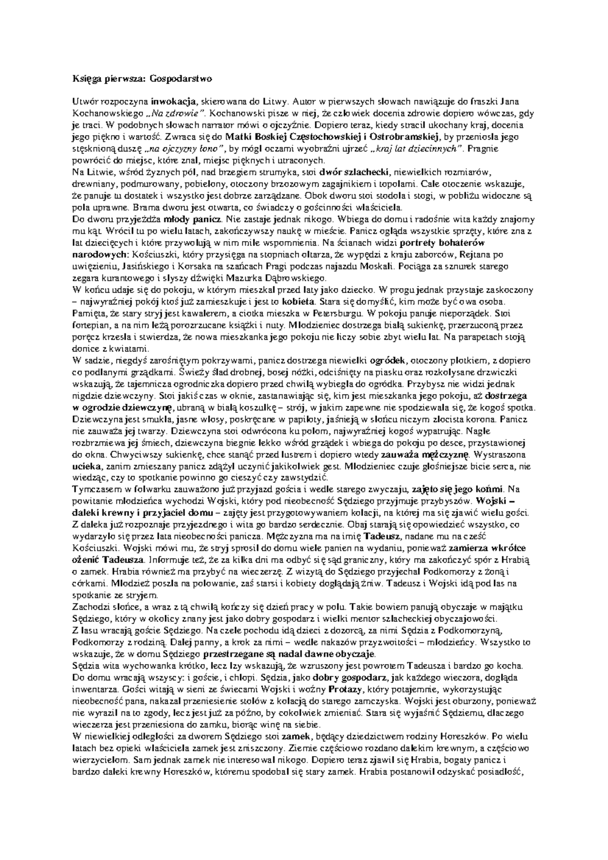 Pan Tadeusz - Szczegółowe Streszczenie Księgi I: Gospodarstwo - Studocu