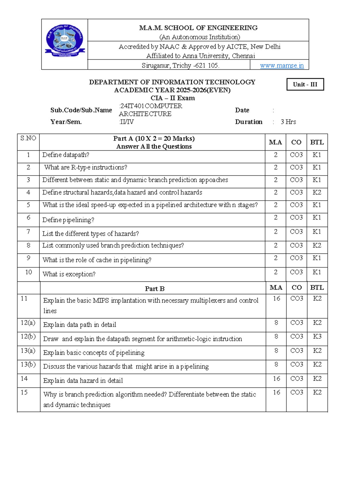 CIA II Exam 24IT401: Computer Architecture Question Paper - Studocu