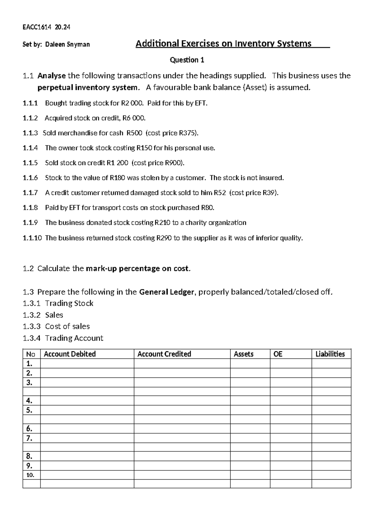 EACC1614 Additional Exercises on Inventory Systems Analysis - Studocu