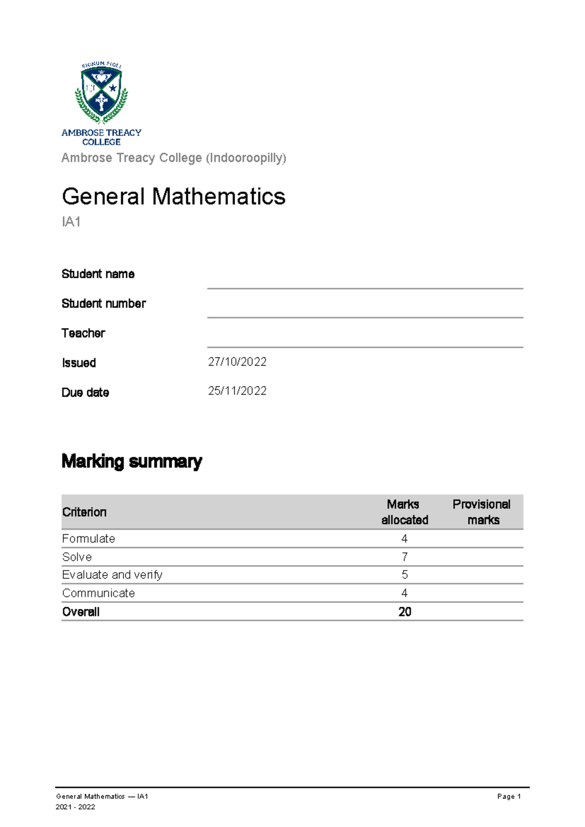 IA1 GMA ISMG 2023 - ddddd - General Mathematics — IA1 Page 1 2021 ...