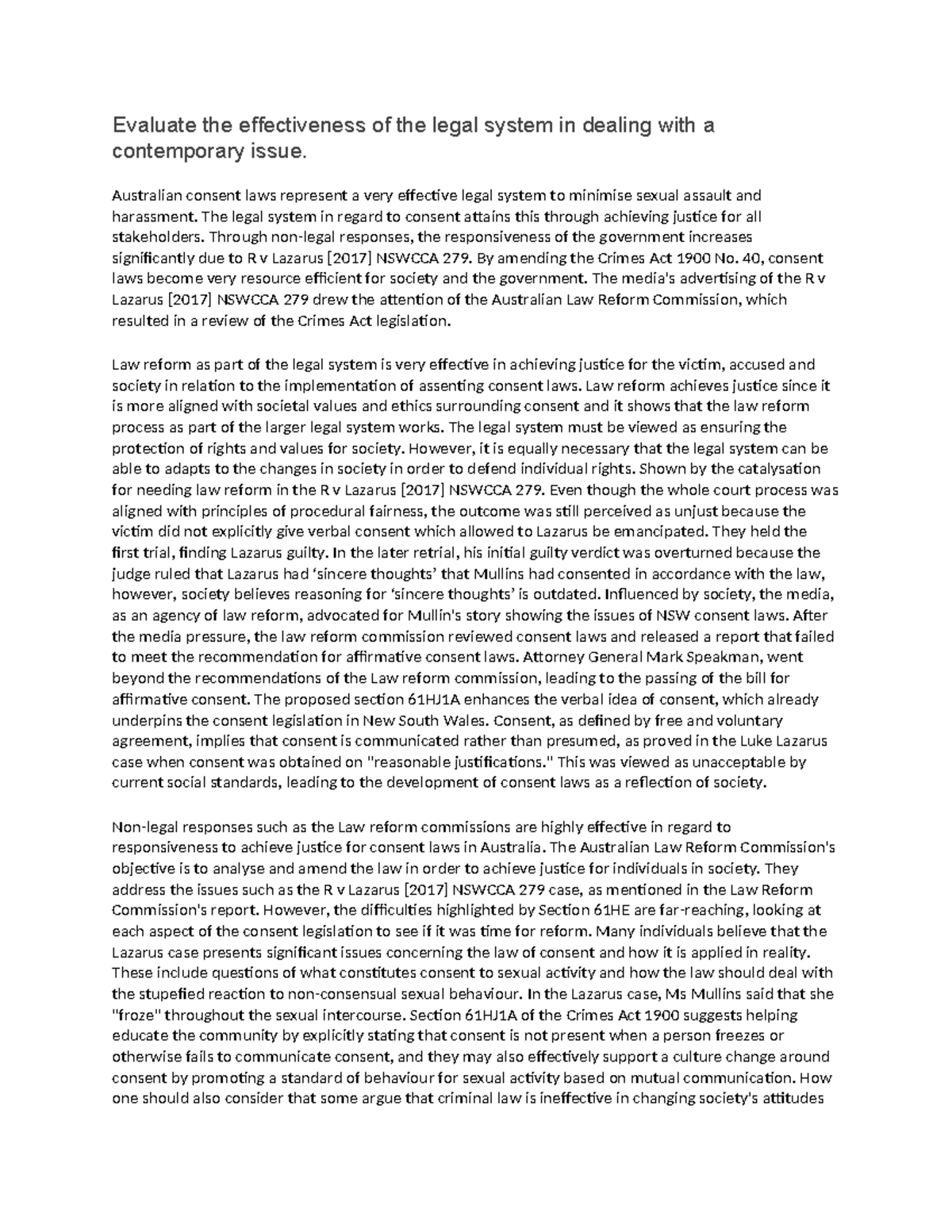 Assessment Task 2 - Evaluating the Effectiveness of Legal System on ...
