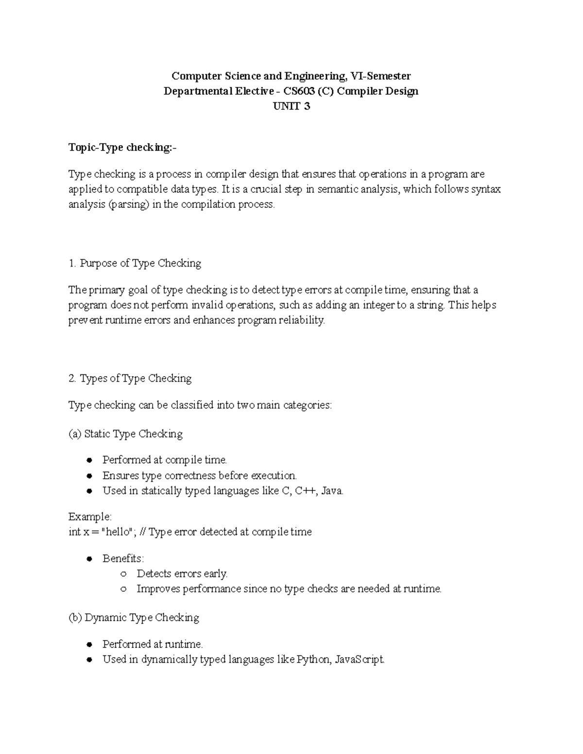 Compiler Design CS603 (C) Unit 3: Type Checking and Polymorphism - Studocu