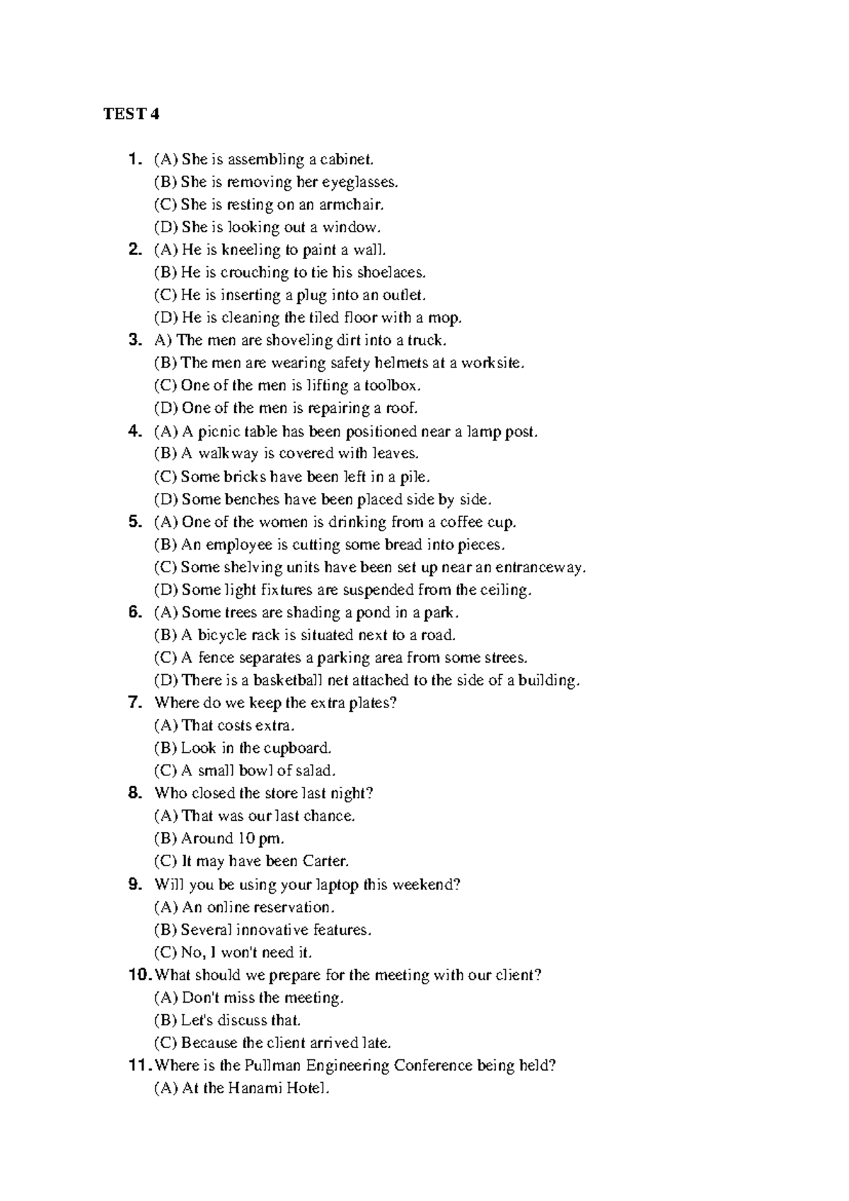 TEST 4: Listening Comprehension Practice Questions and Answers - Studocu
