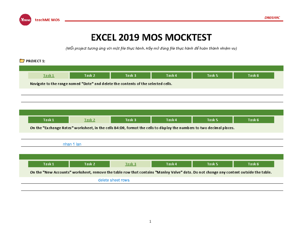 DN01H9C teachME MOS EXCEL 2019 Mock Test Project Tasks Overview - Studocu