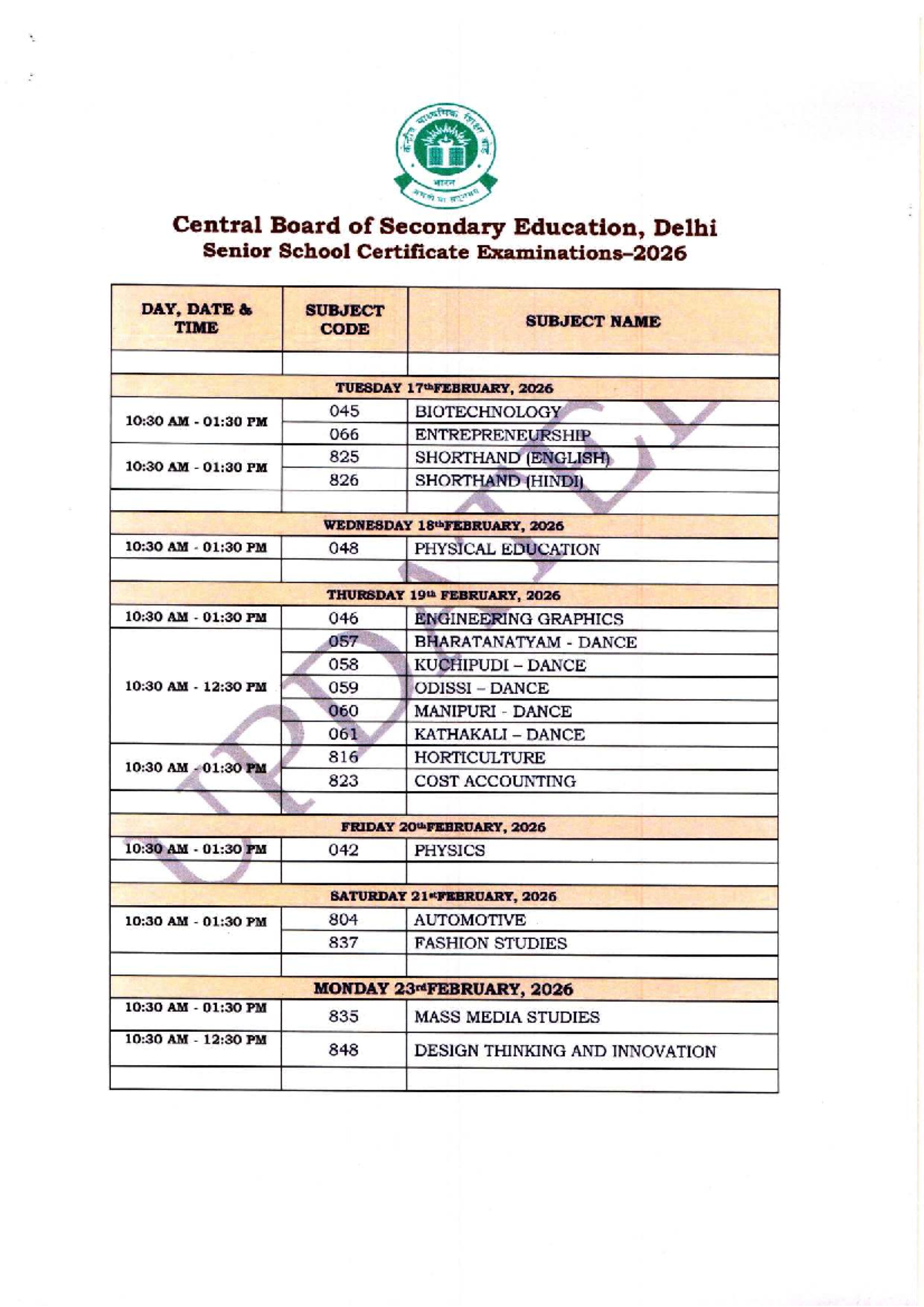 Class XII Datesheet for CBSE Exams - February to April 2026 - Studocu