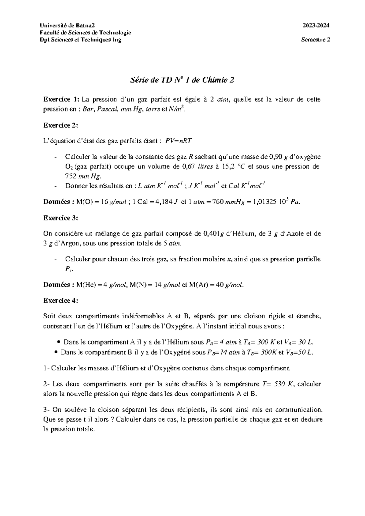 TD1 Chimie 2 Ing Semestre 2 - Exercices et Calculs de Gaz Parfaits ...