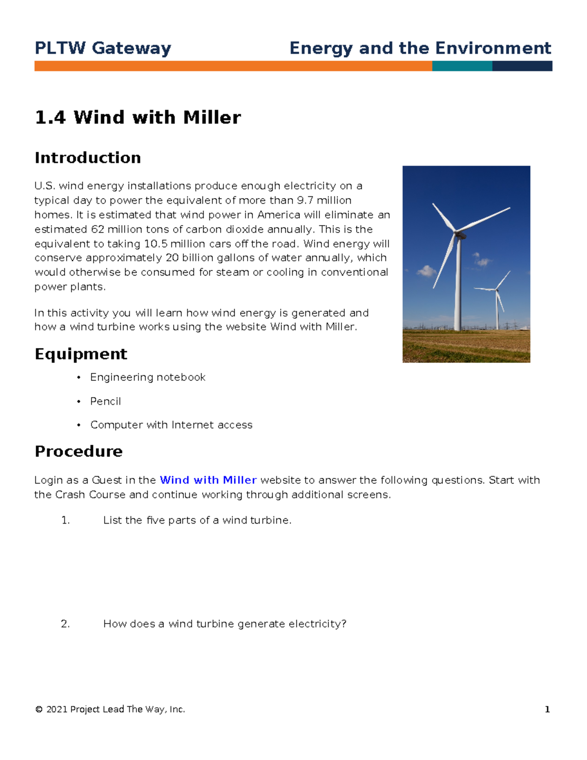 EE 1.4 Wind Energy Exploration with Miller - Assignment Guide - Studocu