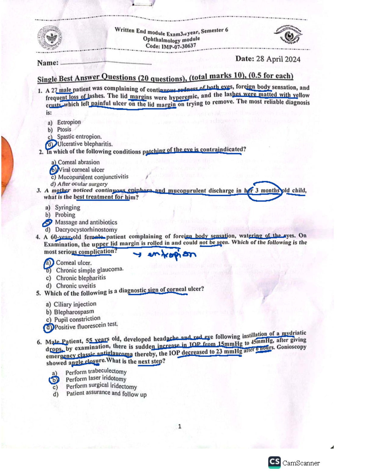Final Exam: Single Best Answer Questions for Ophthalmology (Semester 6 ...