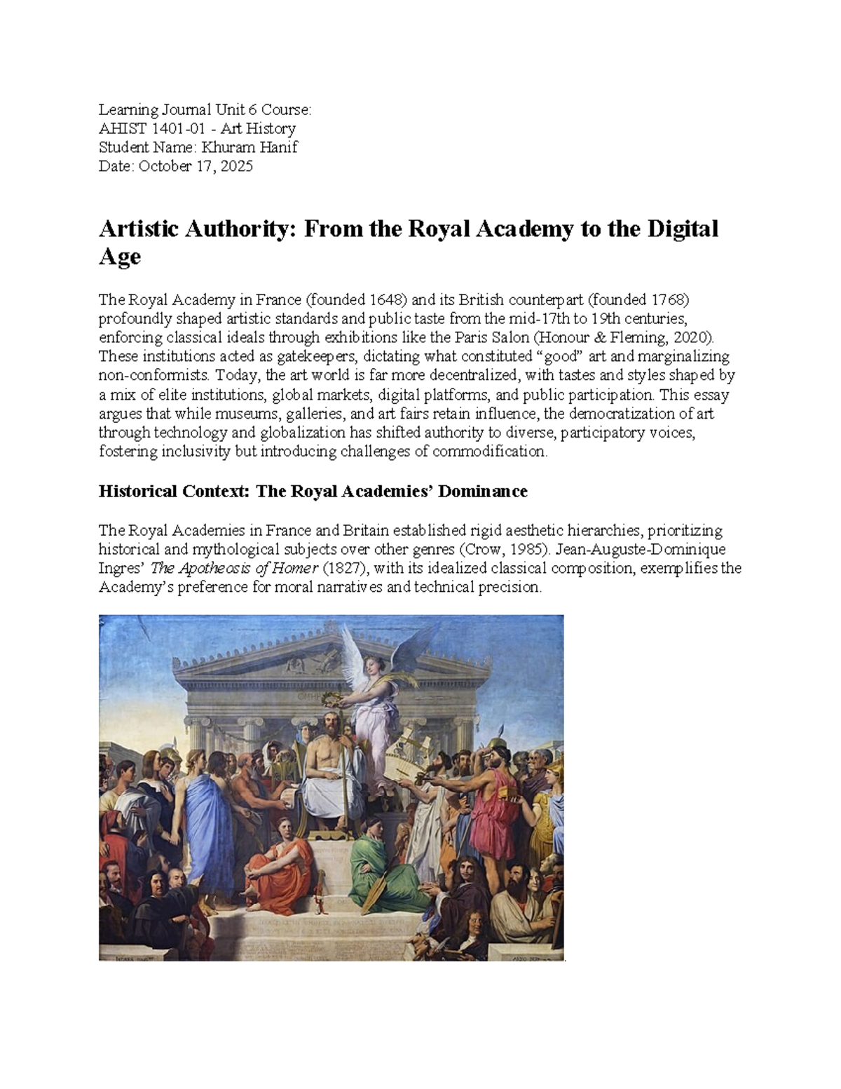 AHIST 1401-01: Learning Journal Unit 6 - Artistic Authority in Art ...