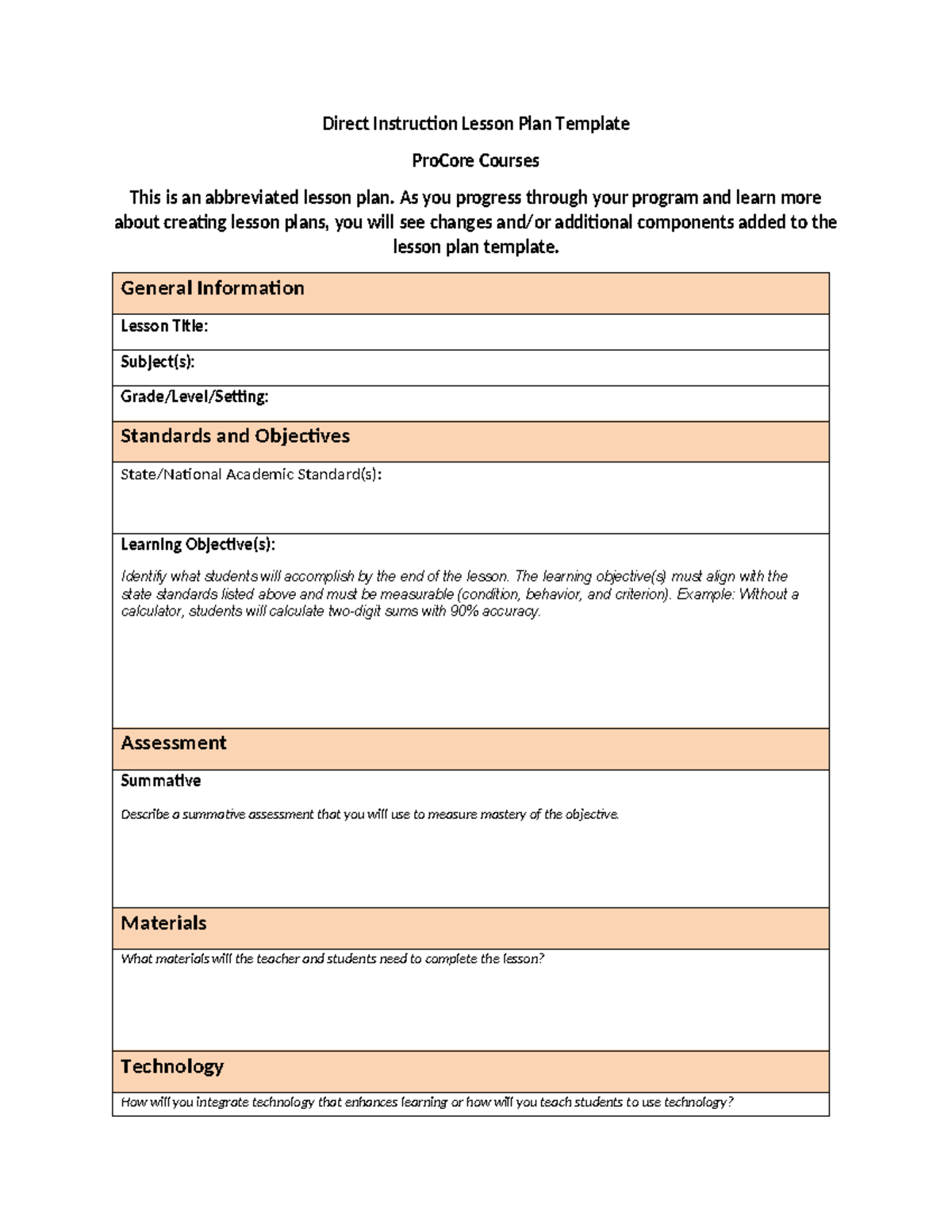 Direct Instruction Lesson Plan Template for ProCore Courses - Studocu