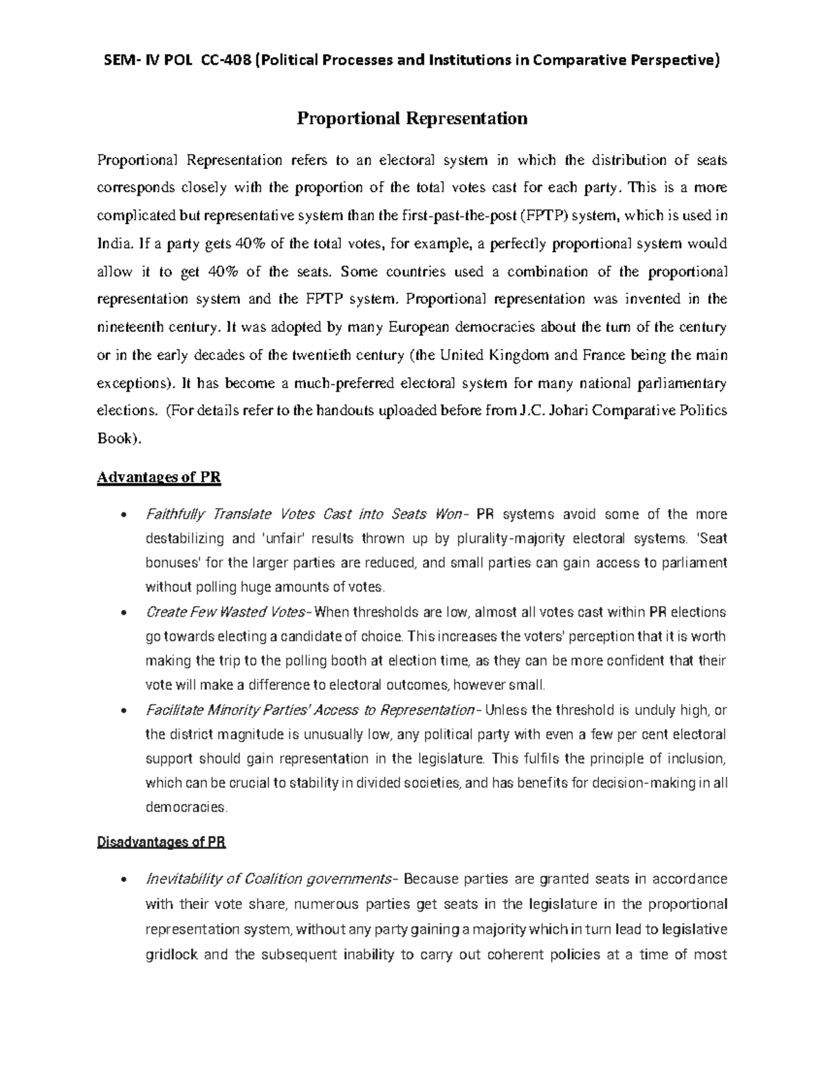 Proportional Representation in Electoral Systems - SEM IV POL CC-408 ...