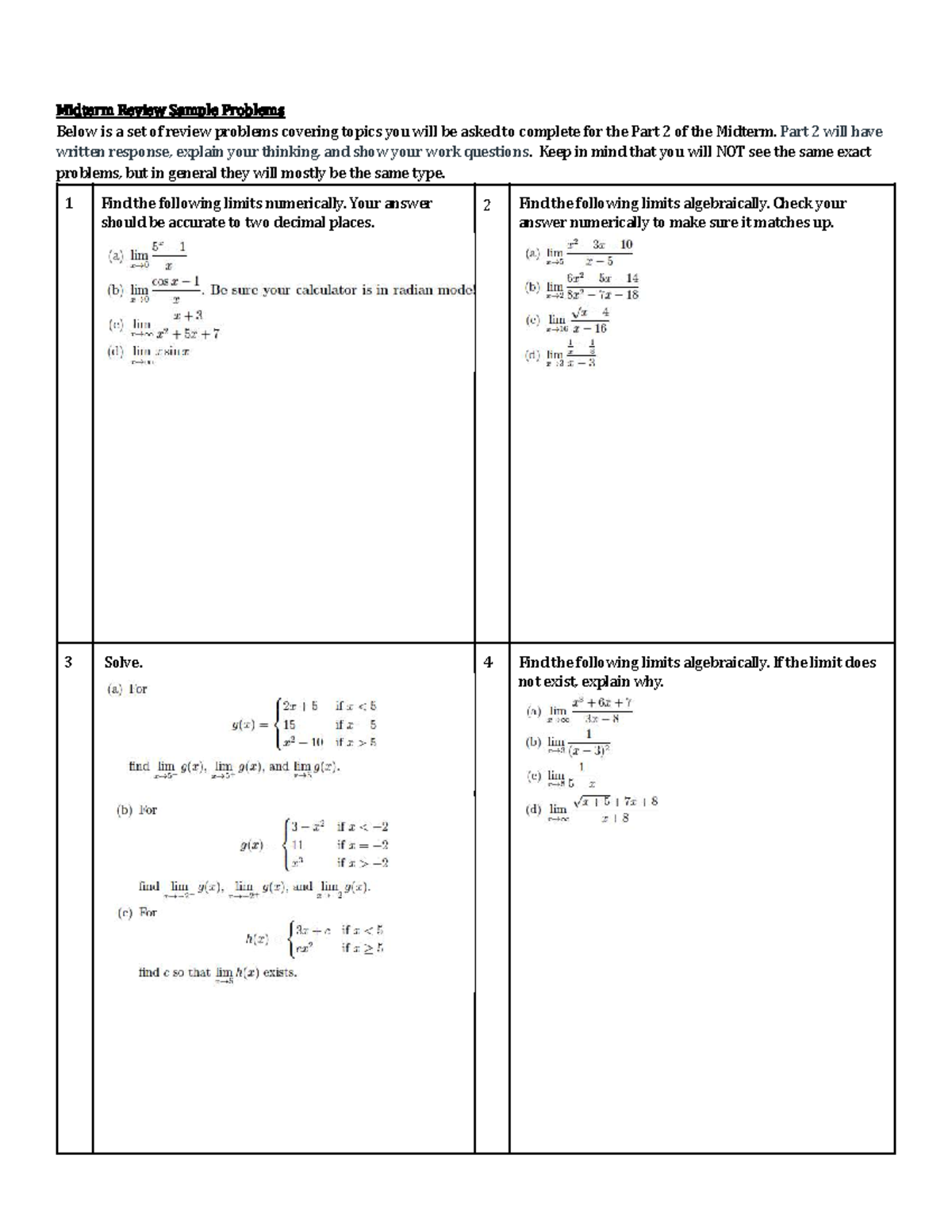 Midterm Review Problems for Calculus 2024: Part 2 - Studocu