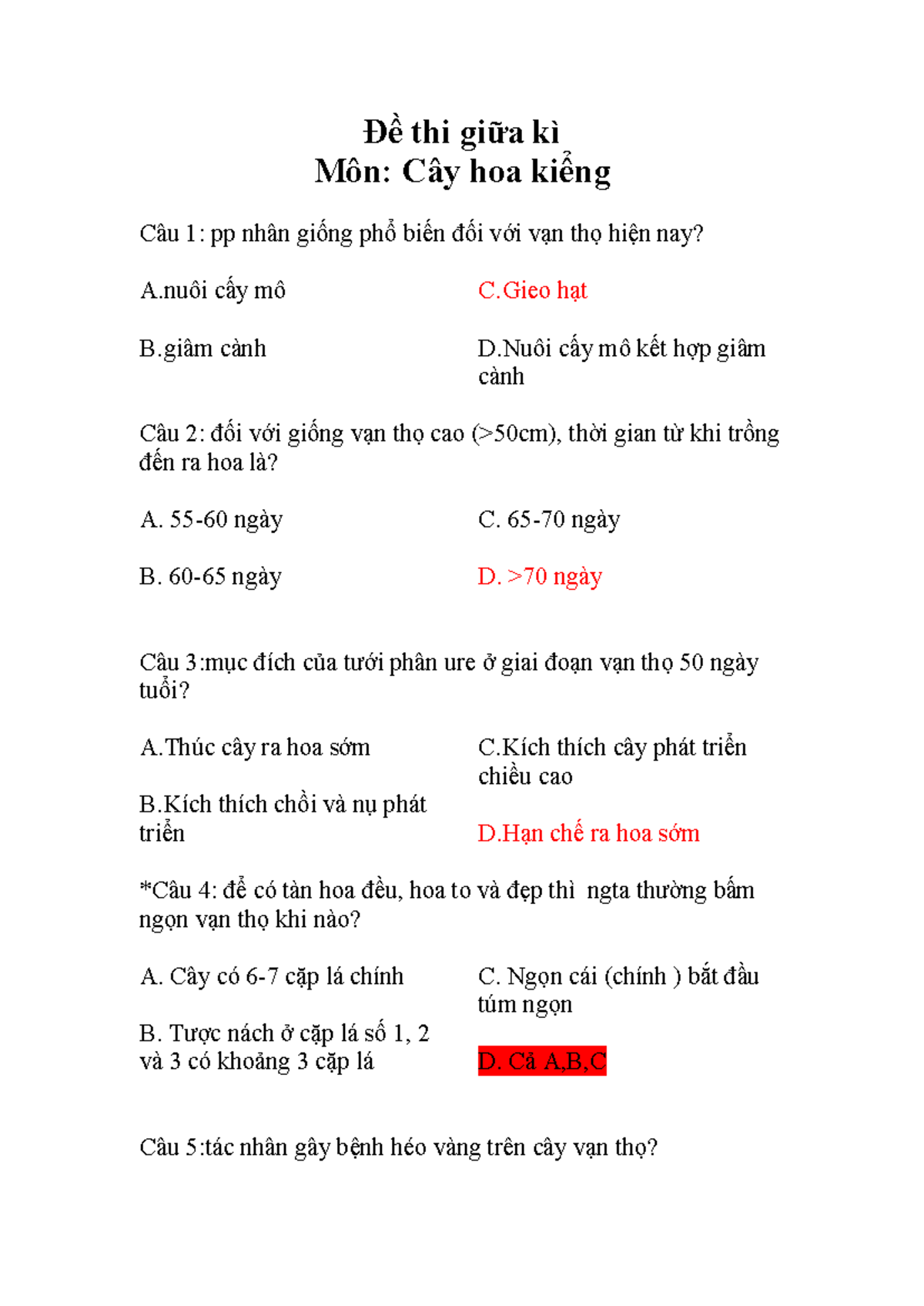 Đề thi giữa kì Môn: Cây hoa kiểng - Năm học 2023 - Document Preview