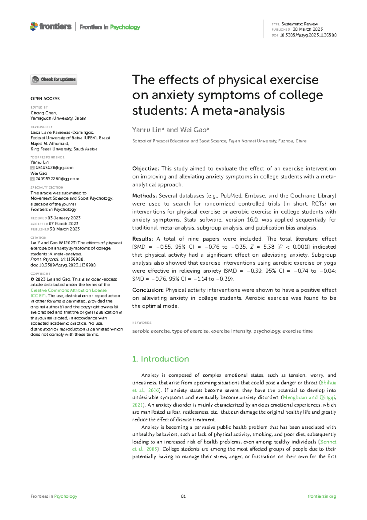 The Effects of Exercise on Anxiety Symptoms in College Students: A Meta ...