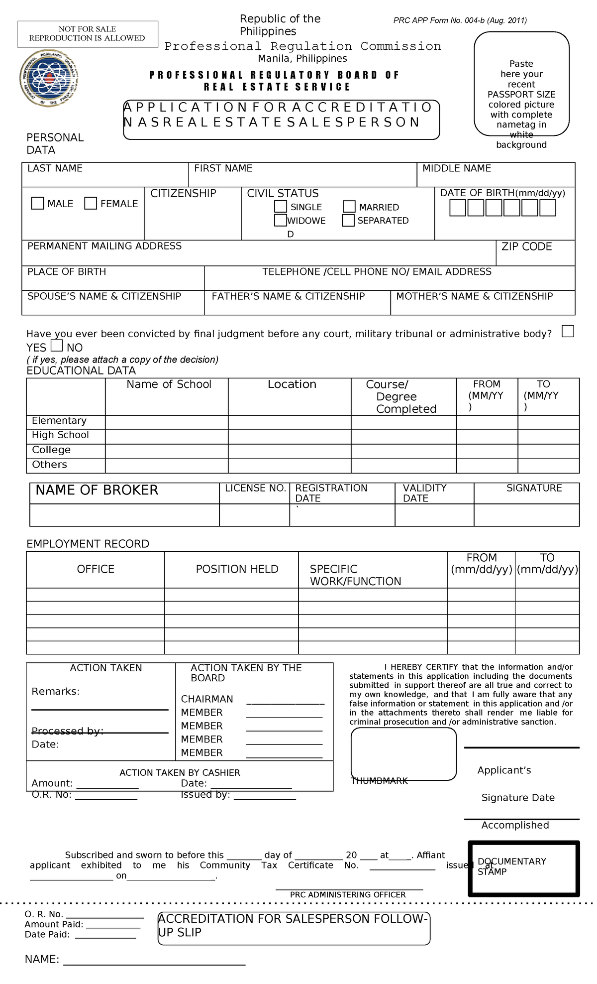 Realestate - Republic of the Philippines PRC APP Form No. 004-b (Aug ...