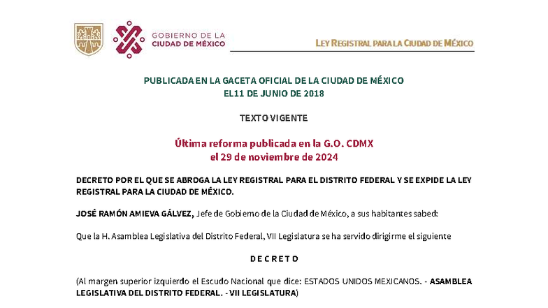 DECRETO DE ABROGACIÓN Y EXPEDICIÓN DE LA LEY REGISTRAL CDMX - Studocu
