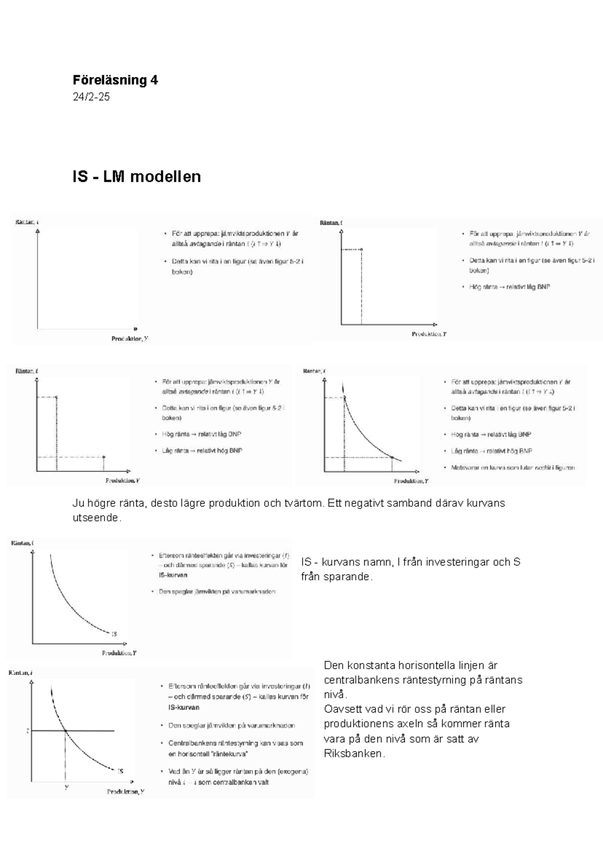 Föreläsning 4: IS-LM Modellen och Penningpolitik - Makroekonomi - Studocu
