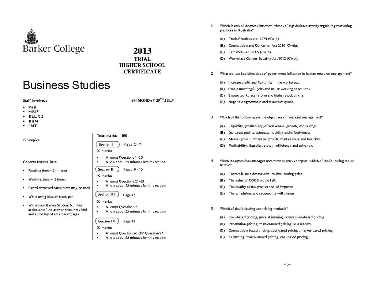 2013 Trial HSC Business Studies Exam - Comprehensive Review - Studocu