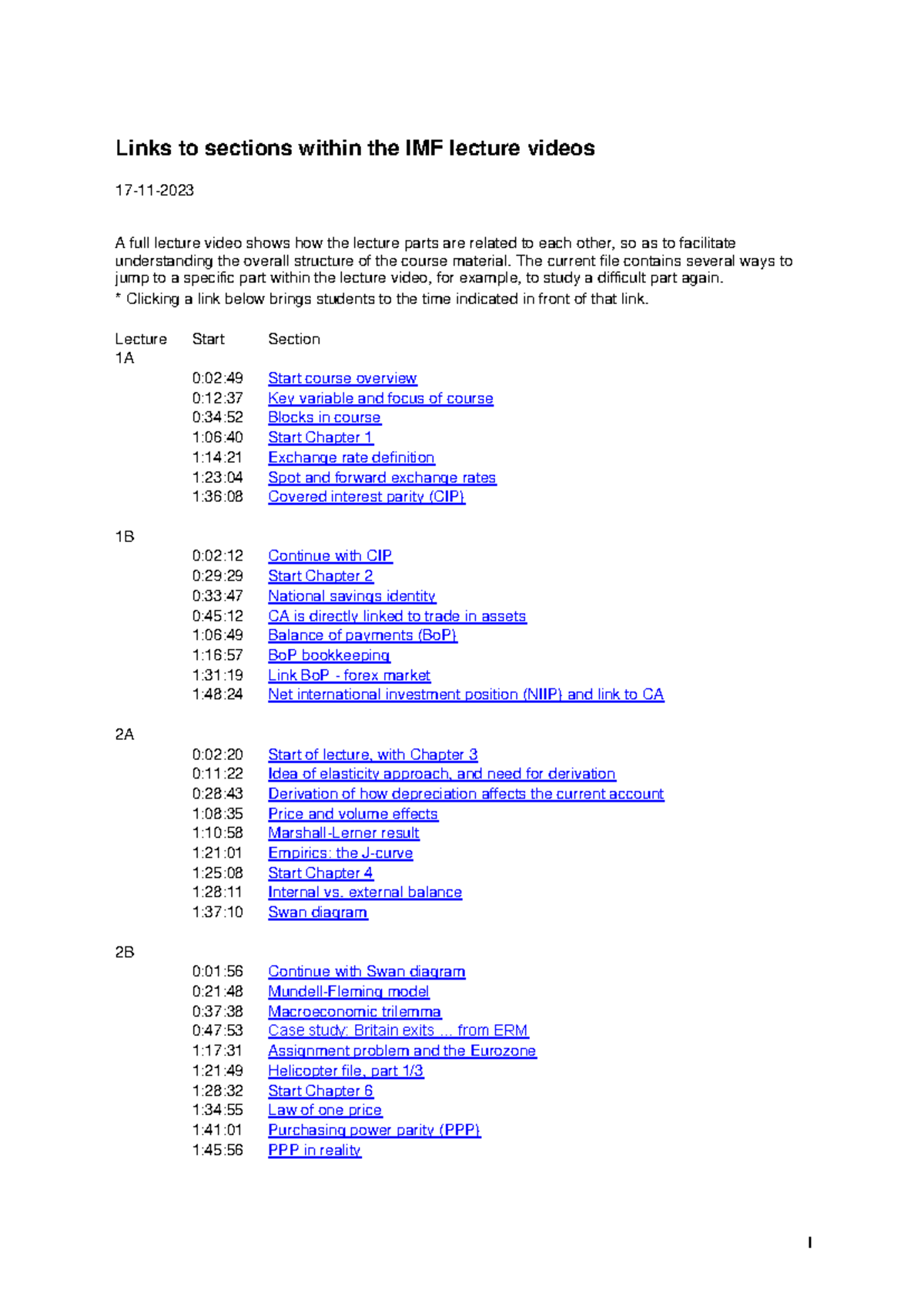 IMF Course Lecture Video Links with Timed Sections (17 - 11 - 2023 ...