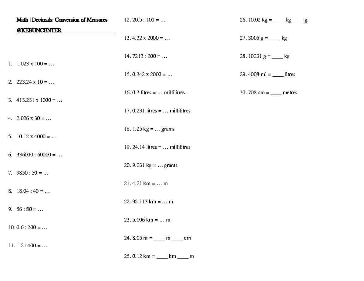 Math Conversion: Decimals and Measures (Course Code: MATH101) - Studocu