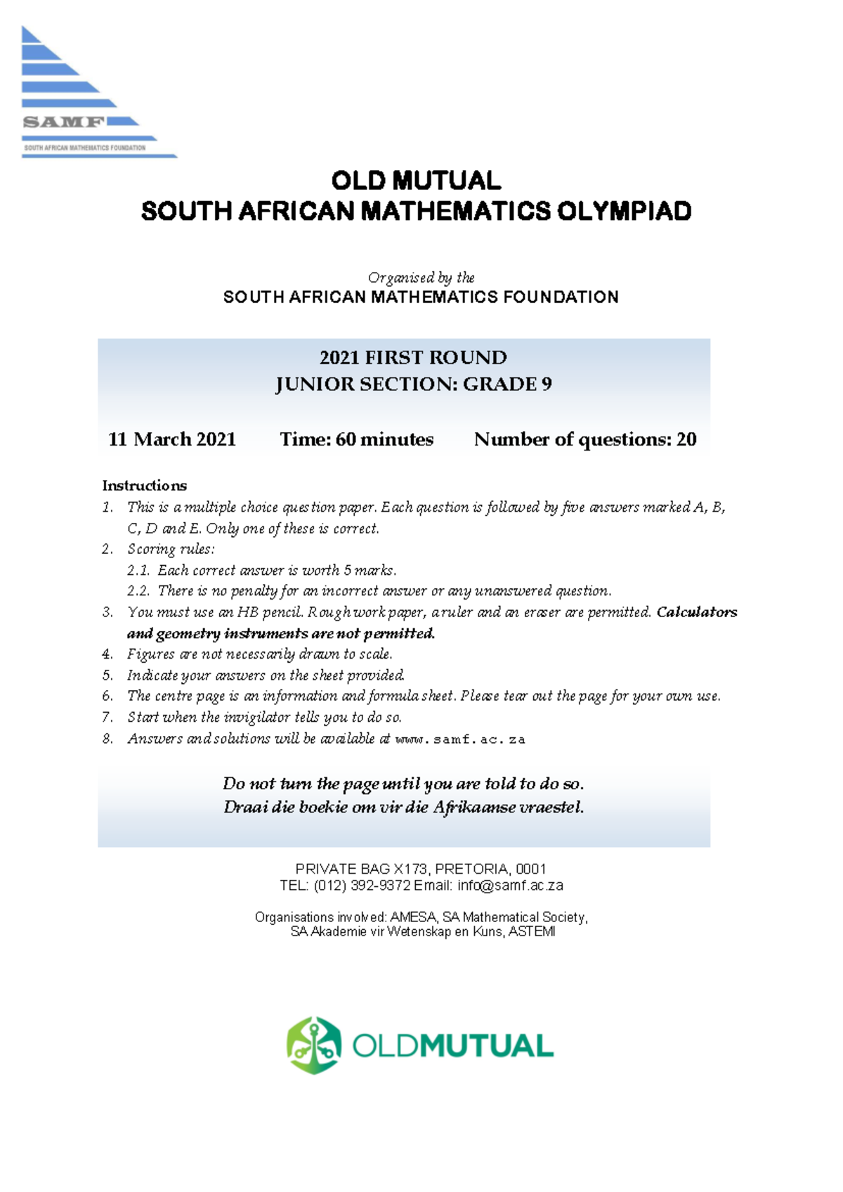 SAMF 2021 Past Paper: South African Mathematics Olympiad, Junior Grade ...