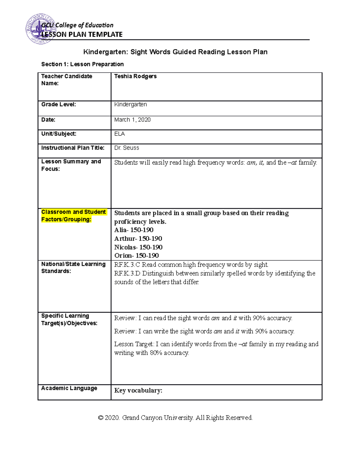 TRodgers- T5 - Topic 5 - LESSON PLAN TEMPLATE Kindergarten: Sight Words ...