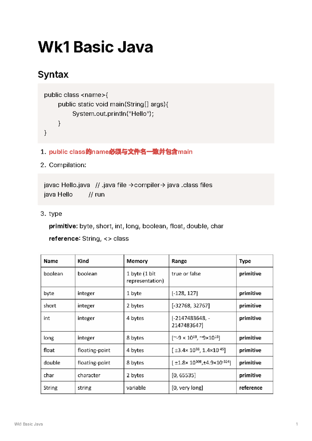Wk1 Basic Java - My note - Wk1 Basic Java Syntax public class { public ...