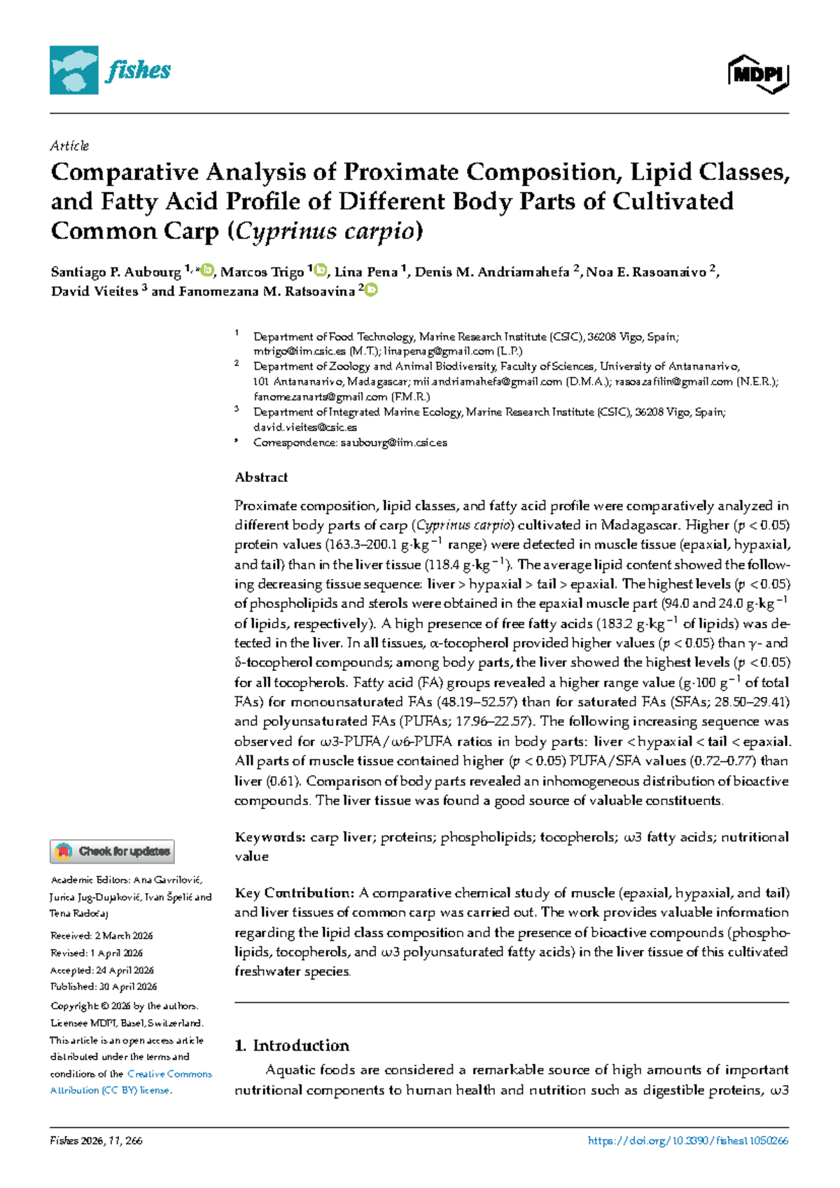 Fishes 2026, 11, 266 - Comparative Analysis of Lipid Composition in ...