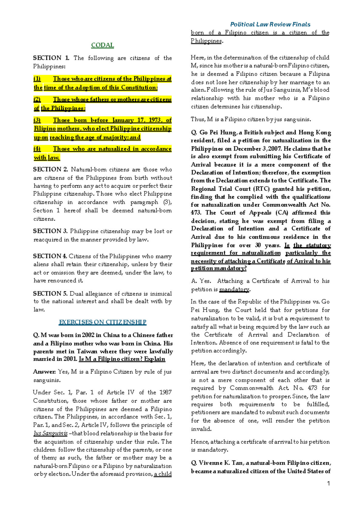 Political Law Review Finals: Key Concepts and Case Summaries - Studocu