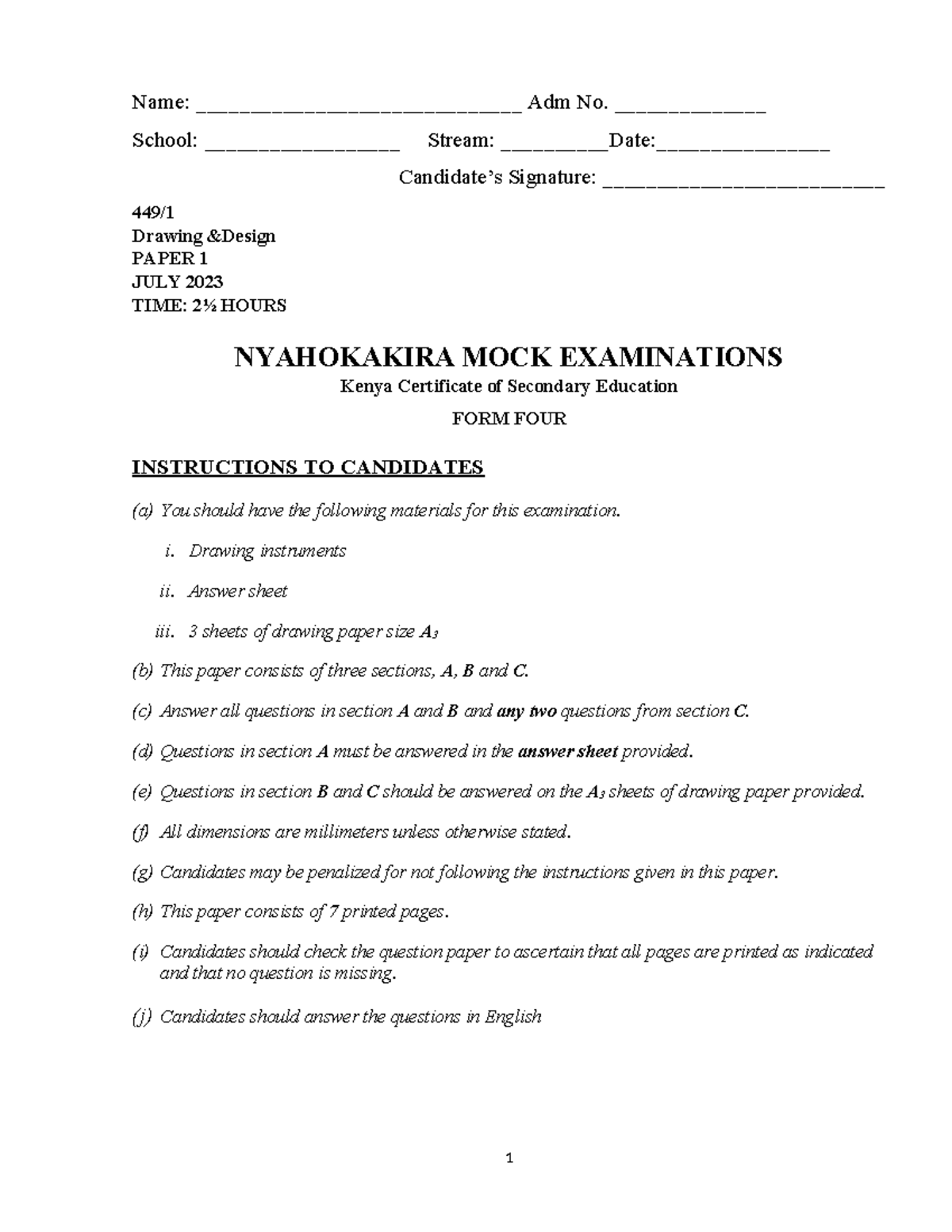 DD Paper 1 - Mock Exam July 2023 for Form Four Students - Studocu