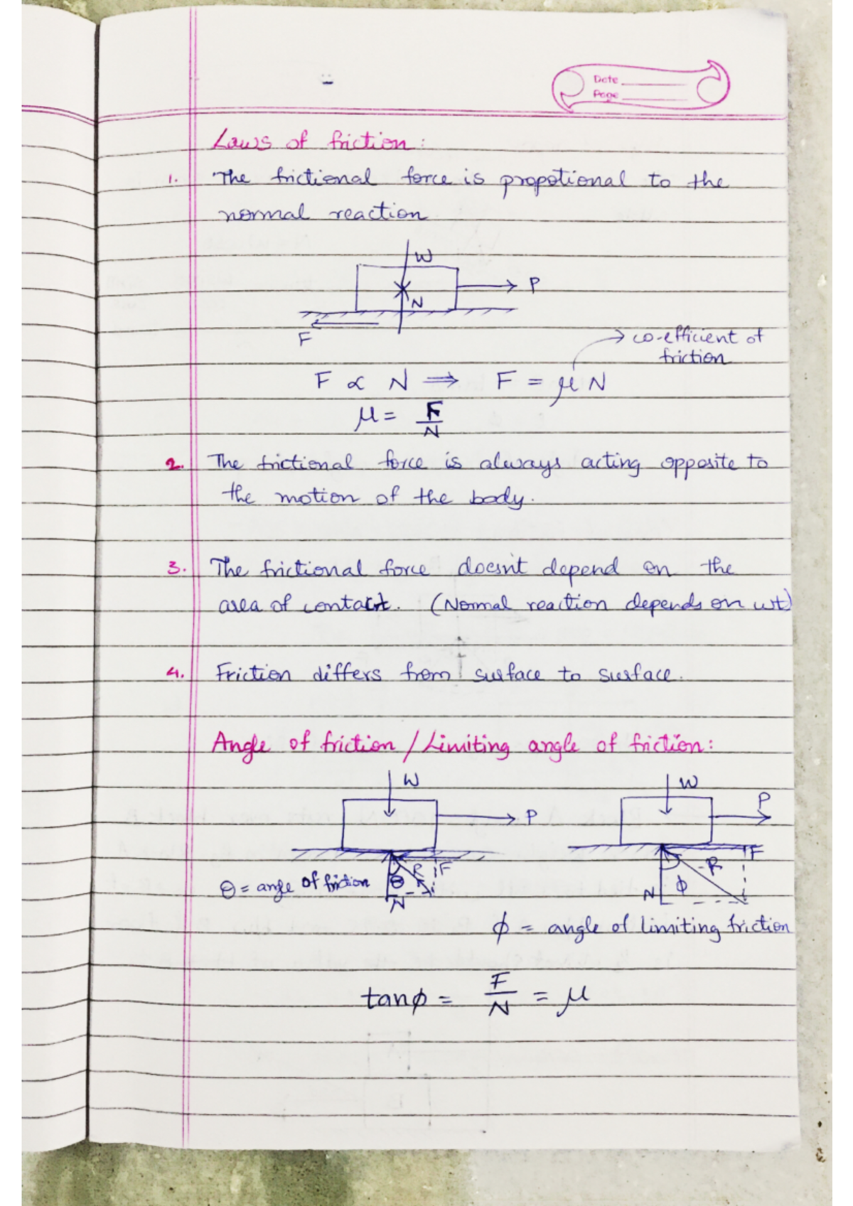 EM Unit-2 - the notes - Date Page Laws of friction 1. The frictional ...