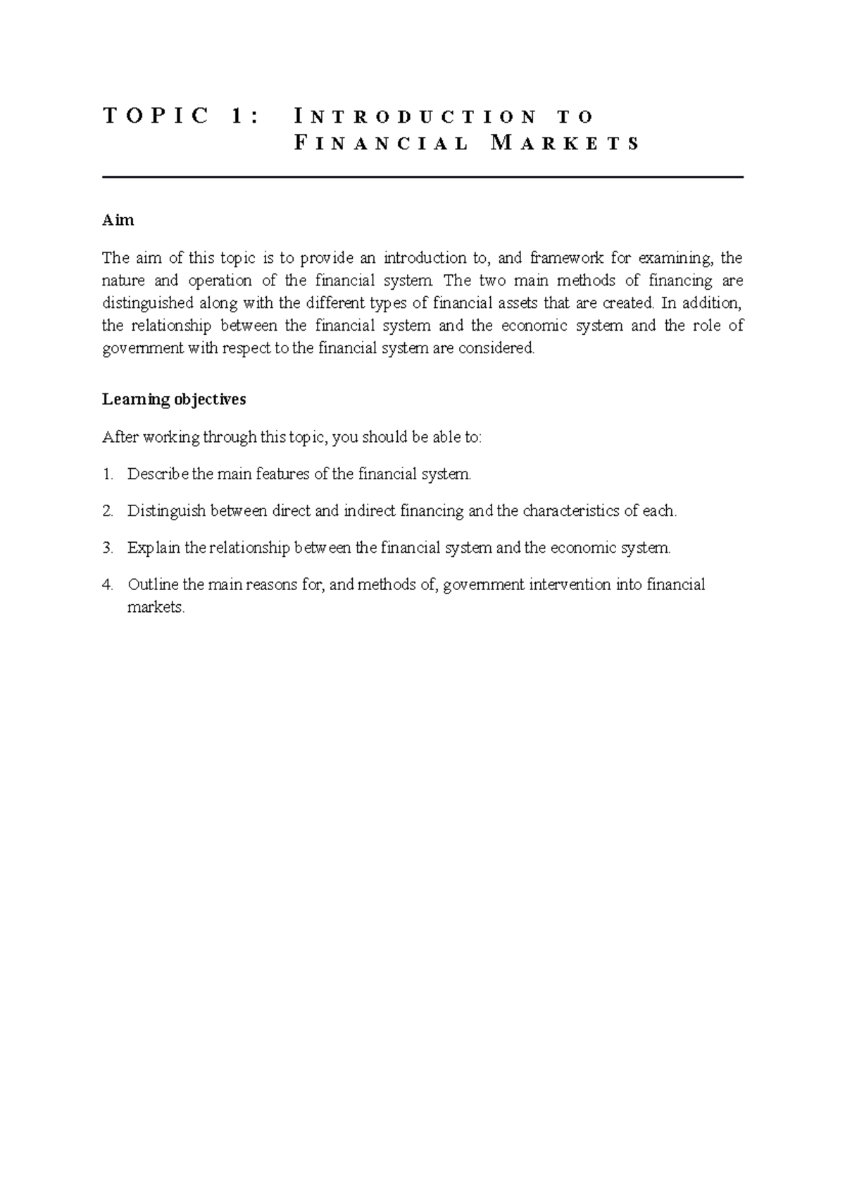 FIN 101: Intro to Financial Markets - Topic 1 Study Notes - Studocu