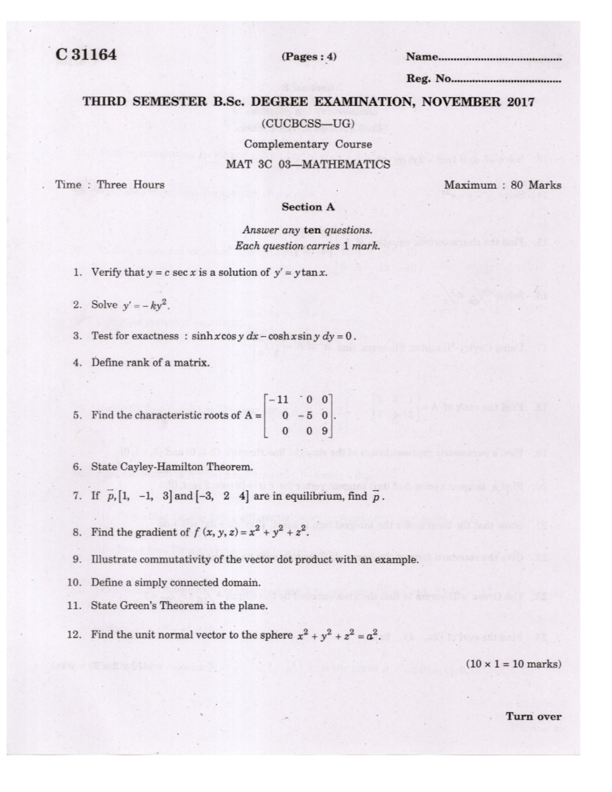 MAT 3C - 2017 3rd Sem B.Sc. Complementary Math Exam QP (80 Marks) - Studocu