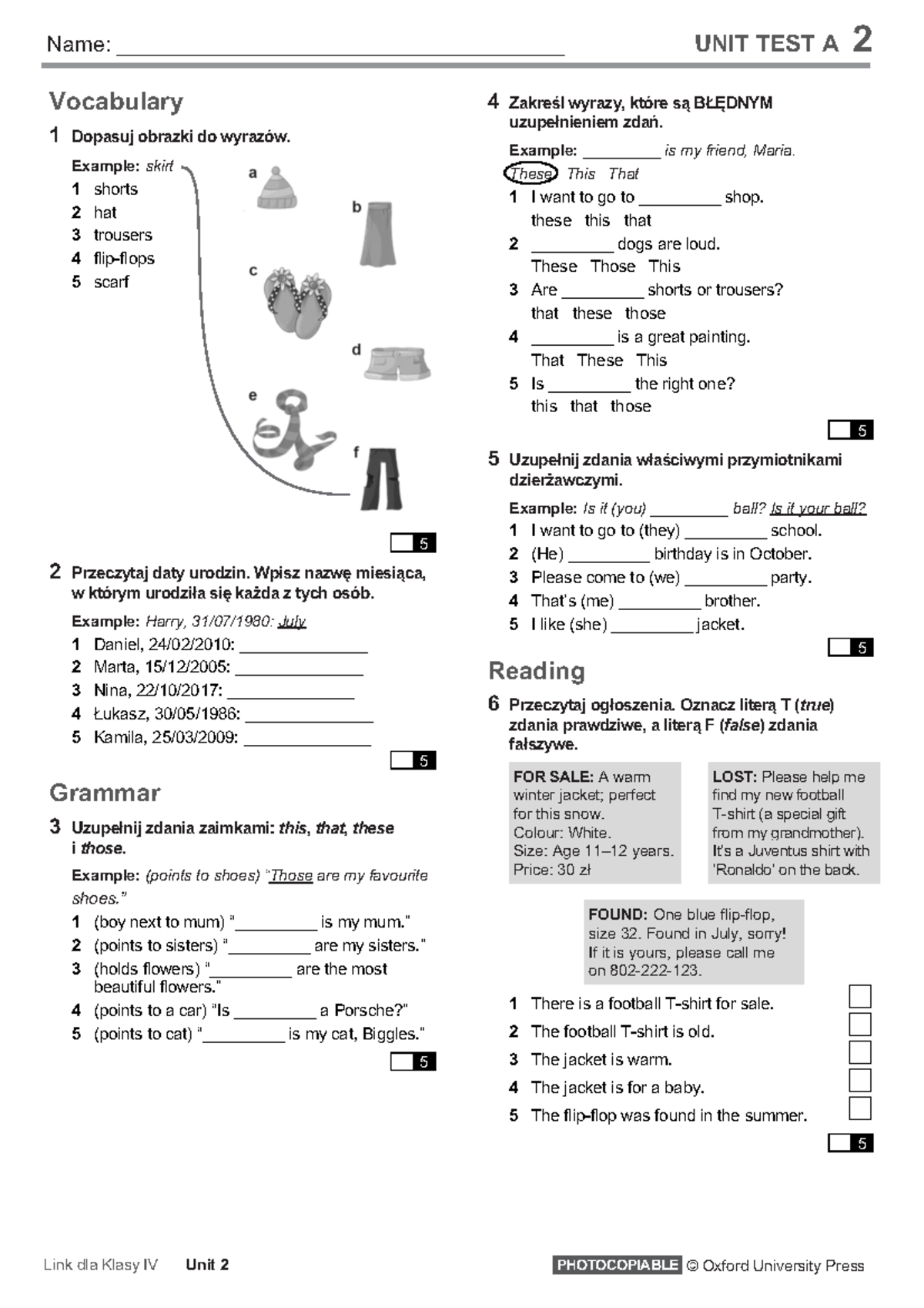 Sprawdzian Angielski Unit Test 4a Grammar Gl 2