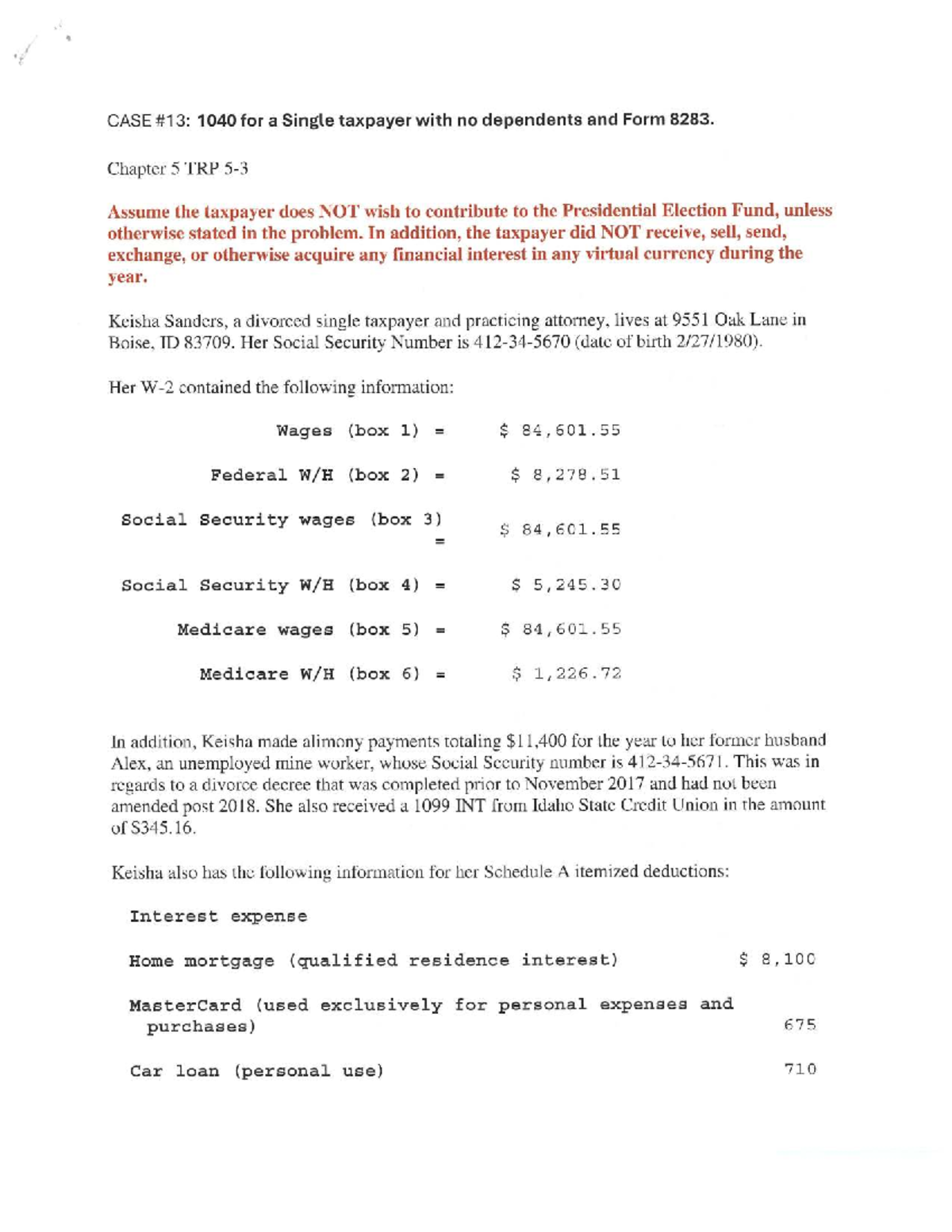 Case Study #13: 1040 for Single Taxpayer with Form 8283 - Studocu