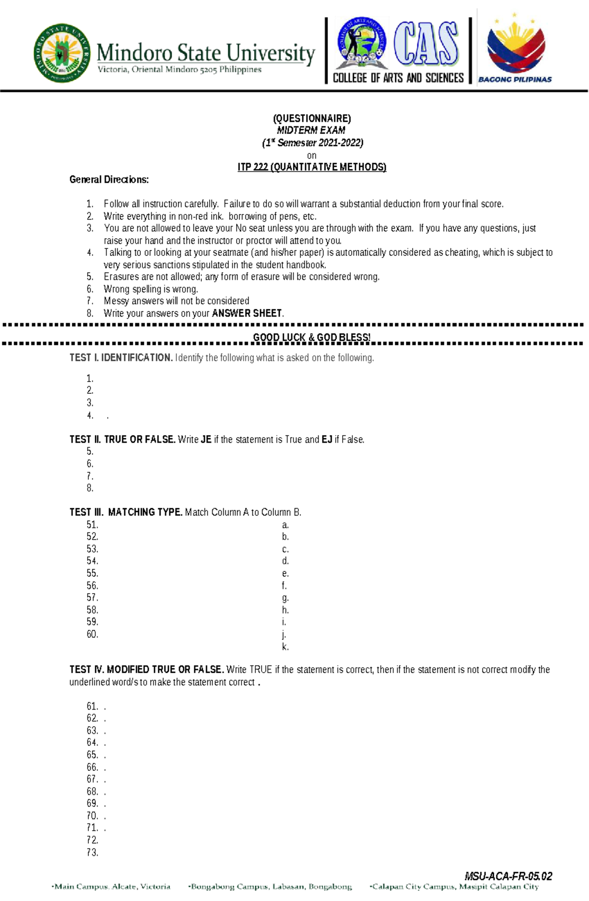 ITP 1st Sem Midterm Exam Directions & Questionnaire: Quantitative ...