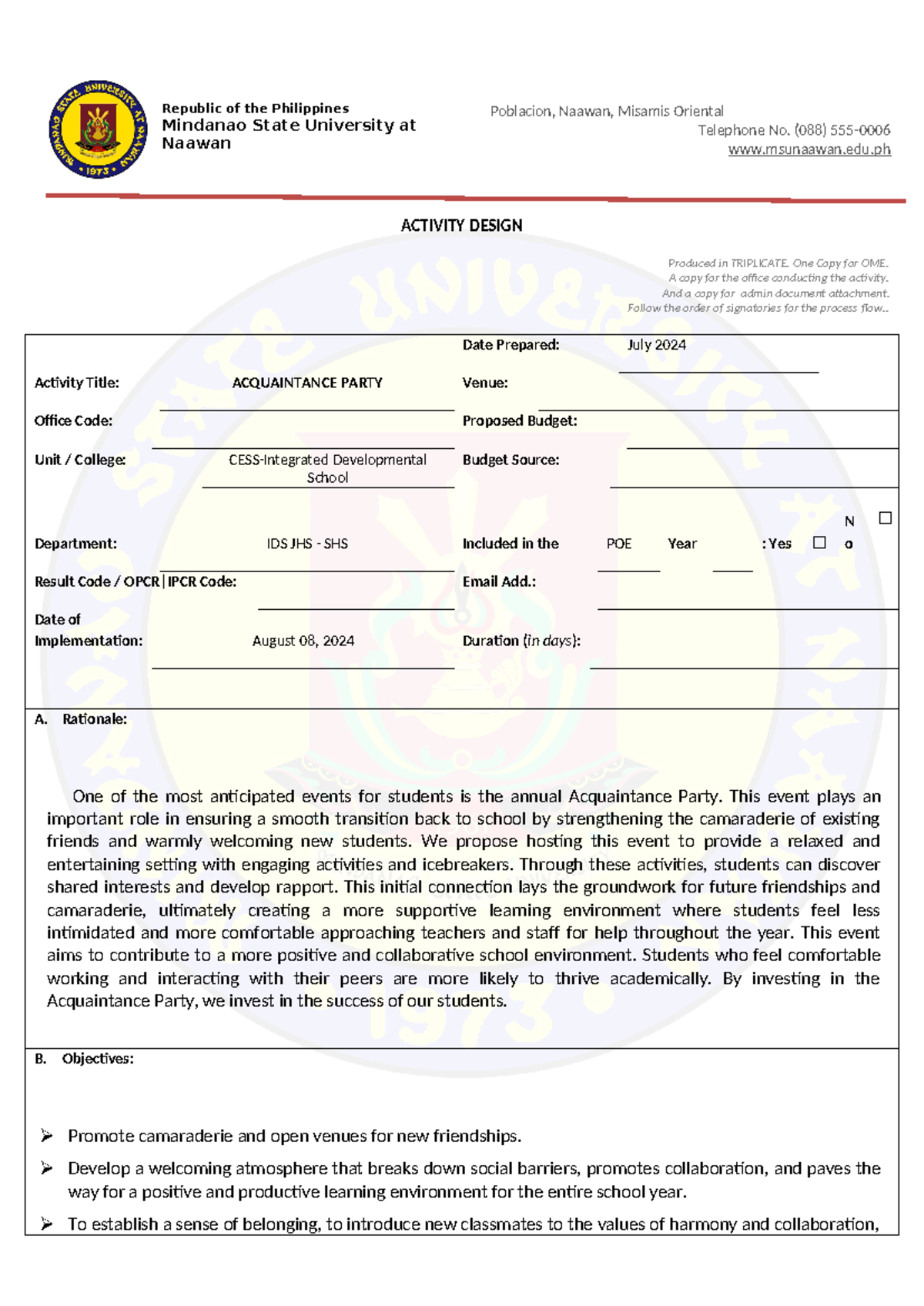 Activity Design for Acquaintance Party 2024 - CESS Integrated ...